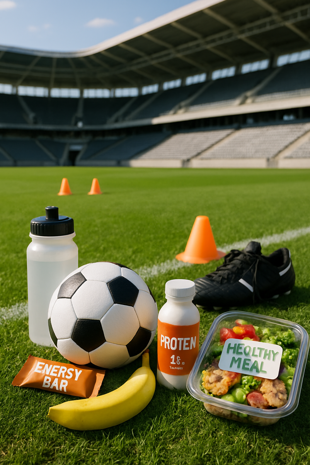 A well-balanced plate representing an ideal football nutrition plan, with a smartphone displaying the SnapEat AI meal tracking app.