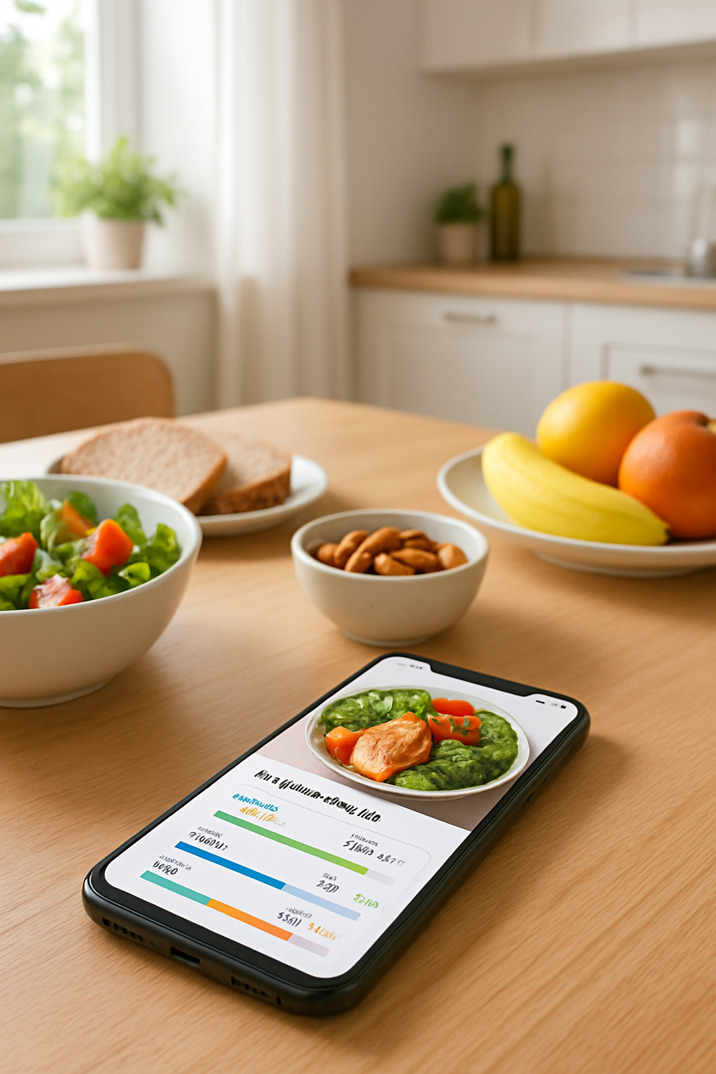 A smartphone displaying the SnapEat AI app interface, showing a detailed nutritional analysis of a salad with calories, macros, and vitamins.