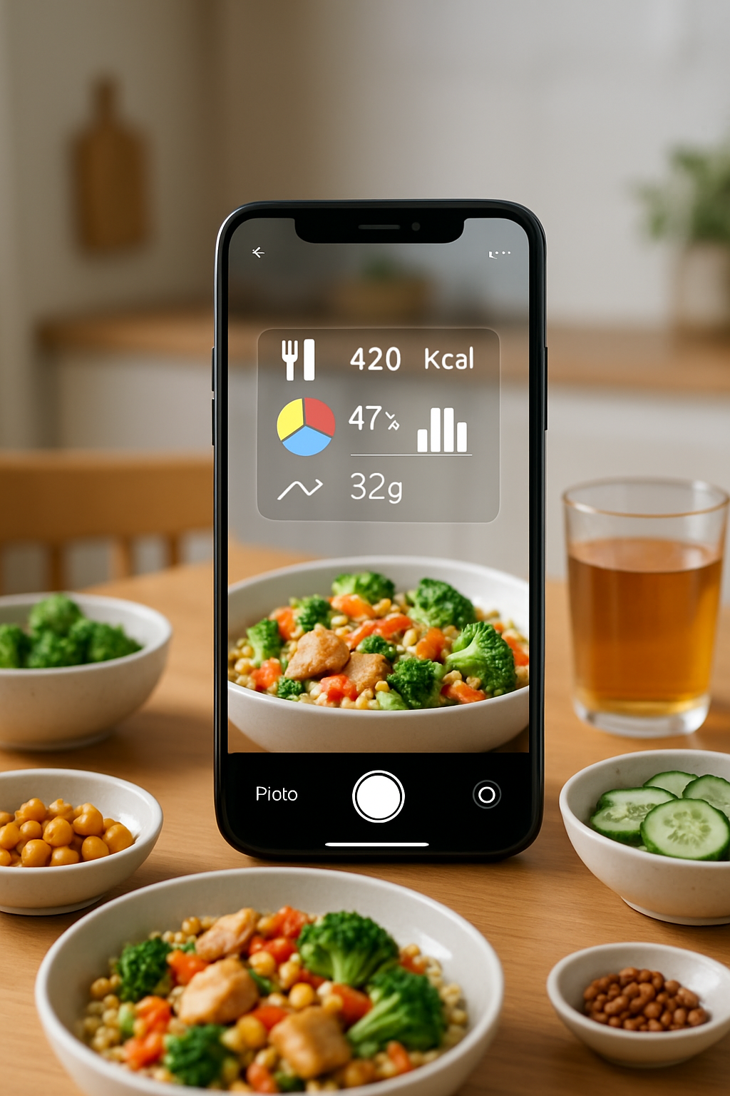 A phone displaying the SnapEat AI nutrition tracker app interface analyzing a photo of a salad