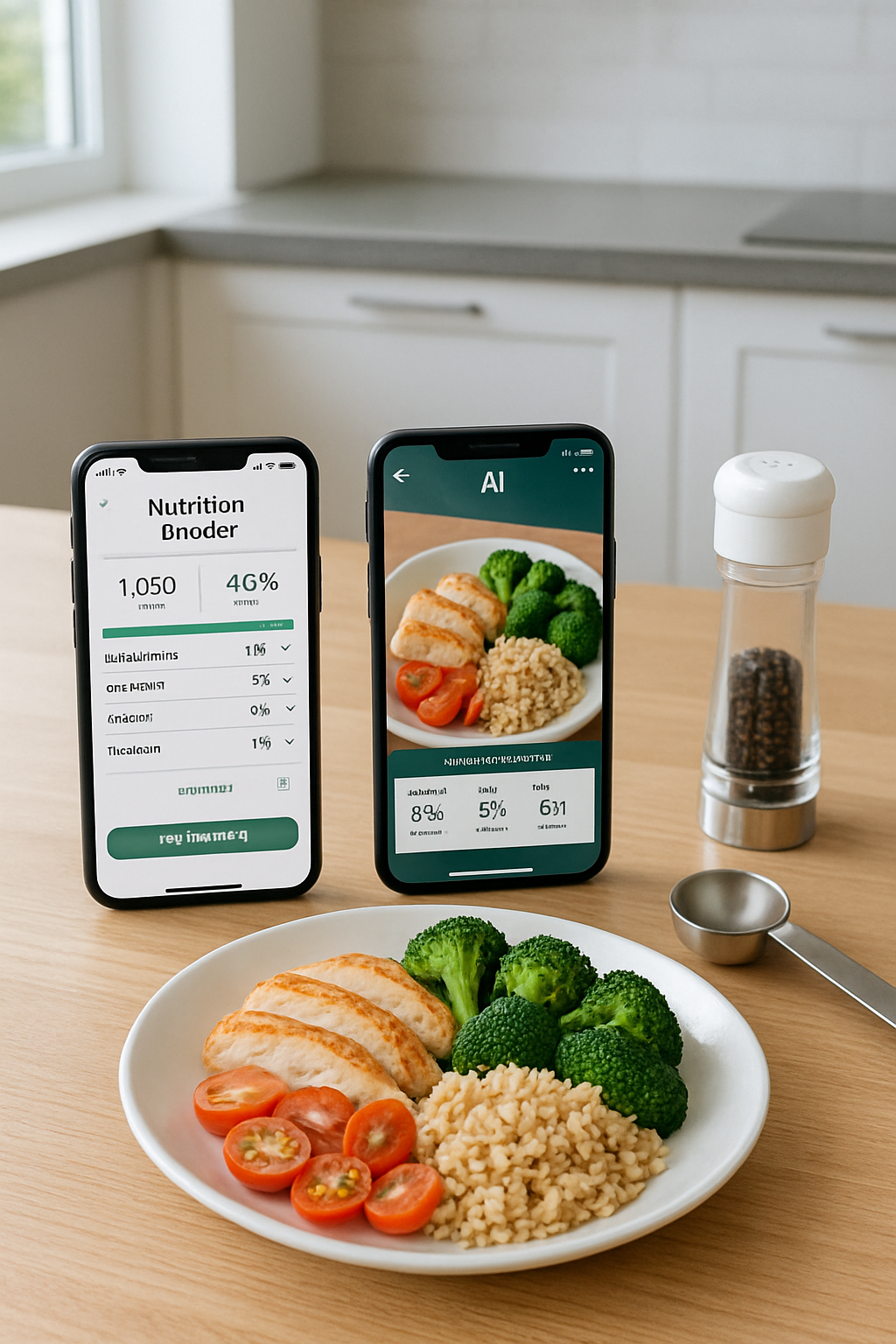 A smartphone showing the SnapEat AI nutrition tracker interface next to a plate of food, comparing AI vs manual food logging.