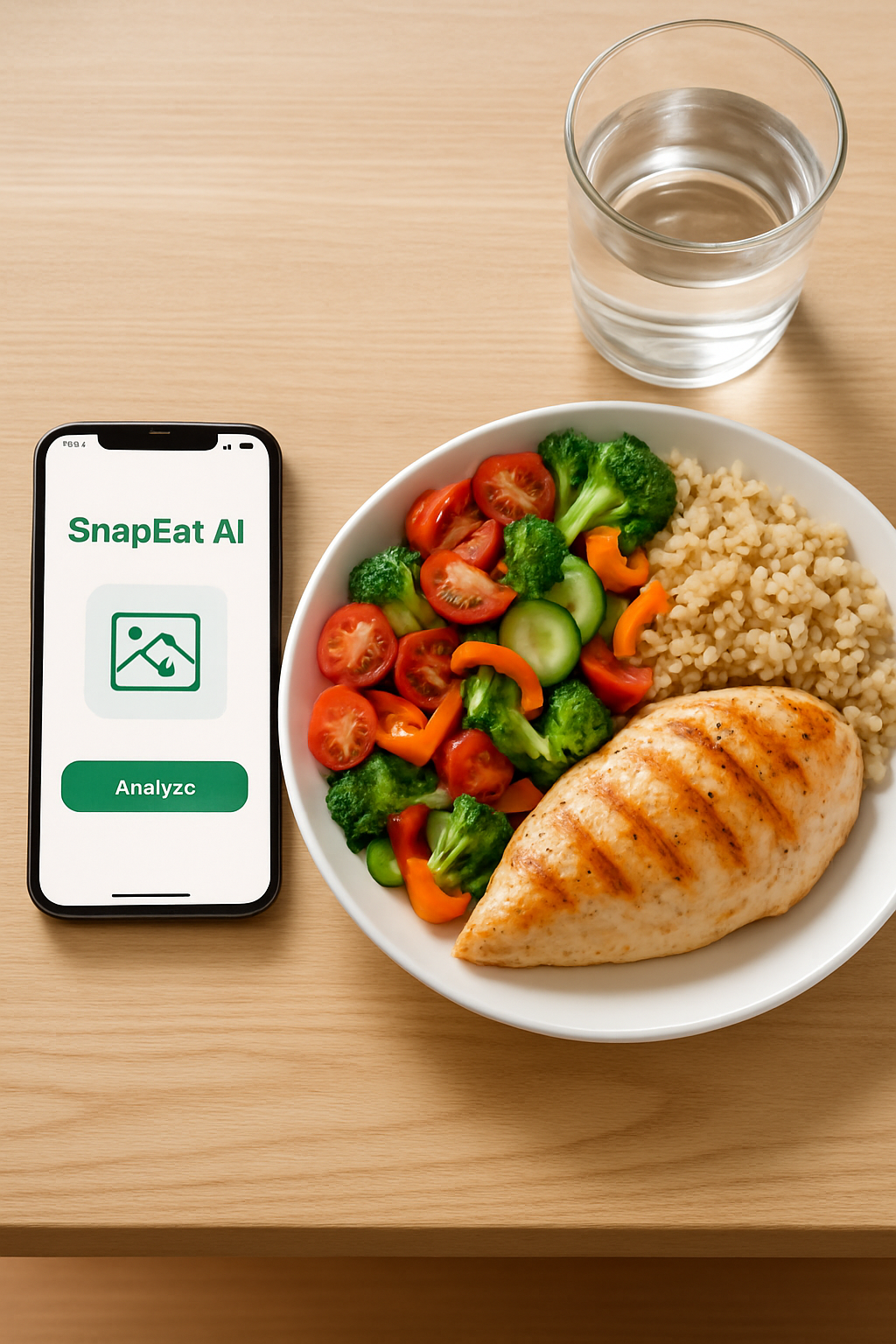 A smartphone displaying the SnapEat AI food tracker app with a photo of a healthy meal being analyzed for nutritional information.