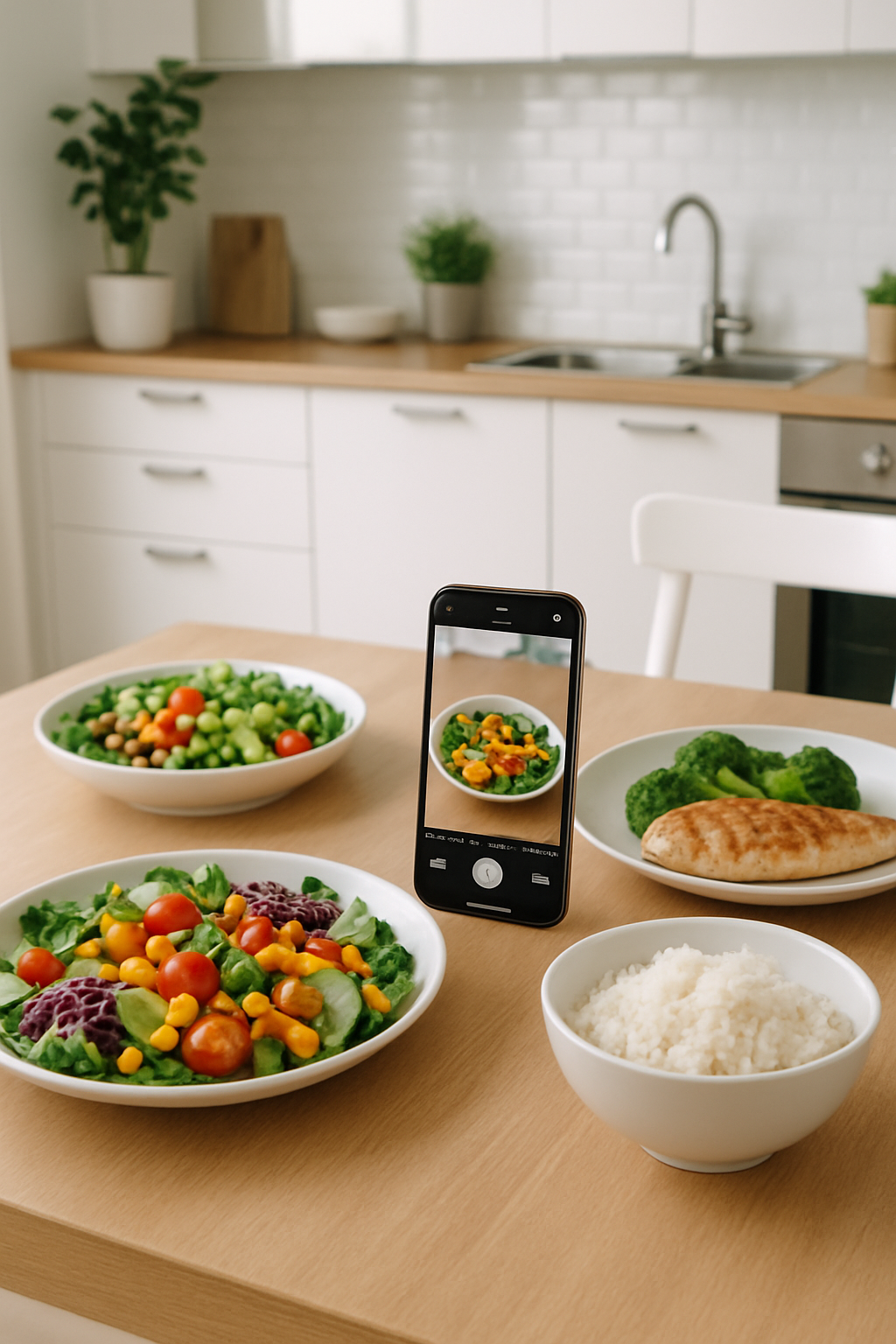 Phone displaying the SnapEat AI app interface after taking a photo of a healthy meal with salmon, asparagus, and lemon.