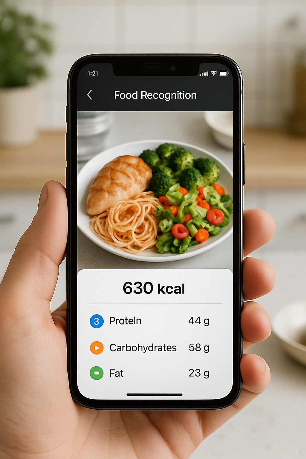 Smartphone showing the SnapEat AI calorie tracker app interface analyzing a photo of a healthy meal with chicken and vegetables.
