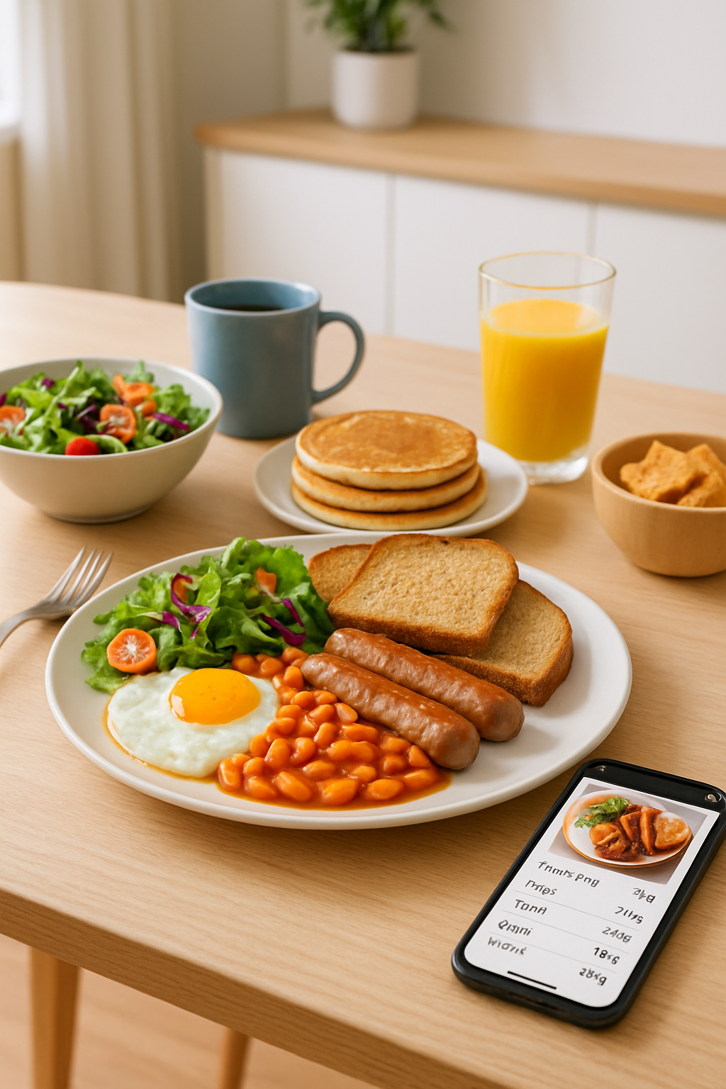 A smartphone displaying the SnapEat AI food tracker app analyzing a photo of a weekend brunch meal.