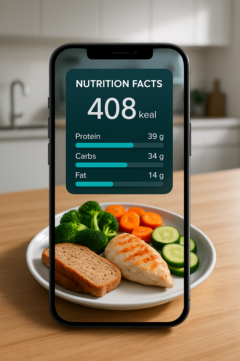 A smartphone displaying the SnapEatAI interface, showing a nutritional analysis of a meal from a photo.
