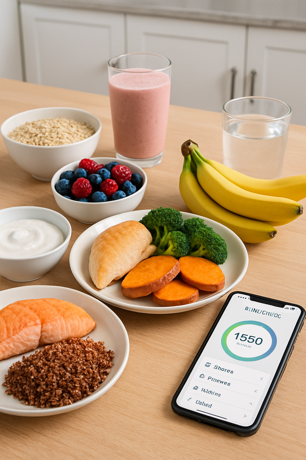 A smartphone displaying the SnapEat AI nutrition tracker app with a healthy meal of salmon and vegetables in the background, illustrating sports nutrition.