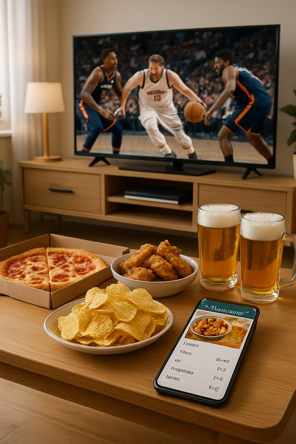 Man tracking game day food like pizza and wings on his phone using the SnapEat AI coach app during a basketball game.