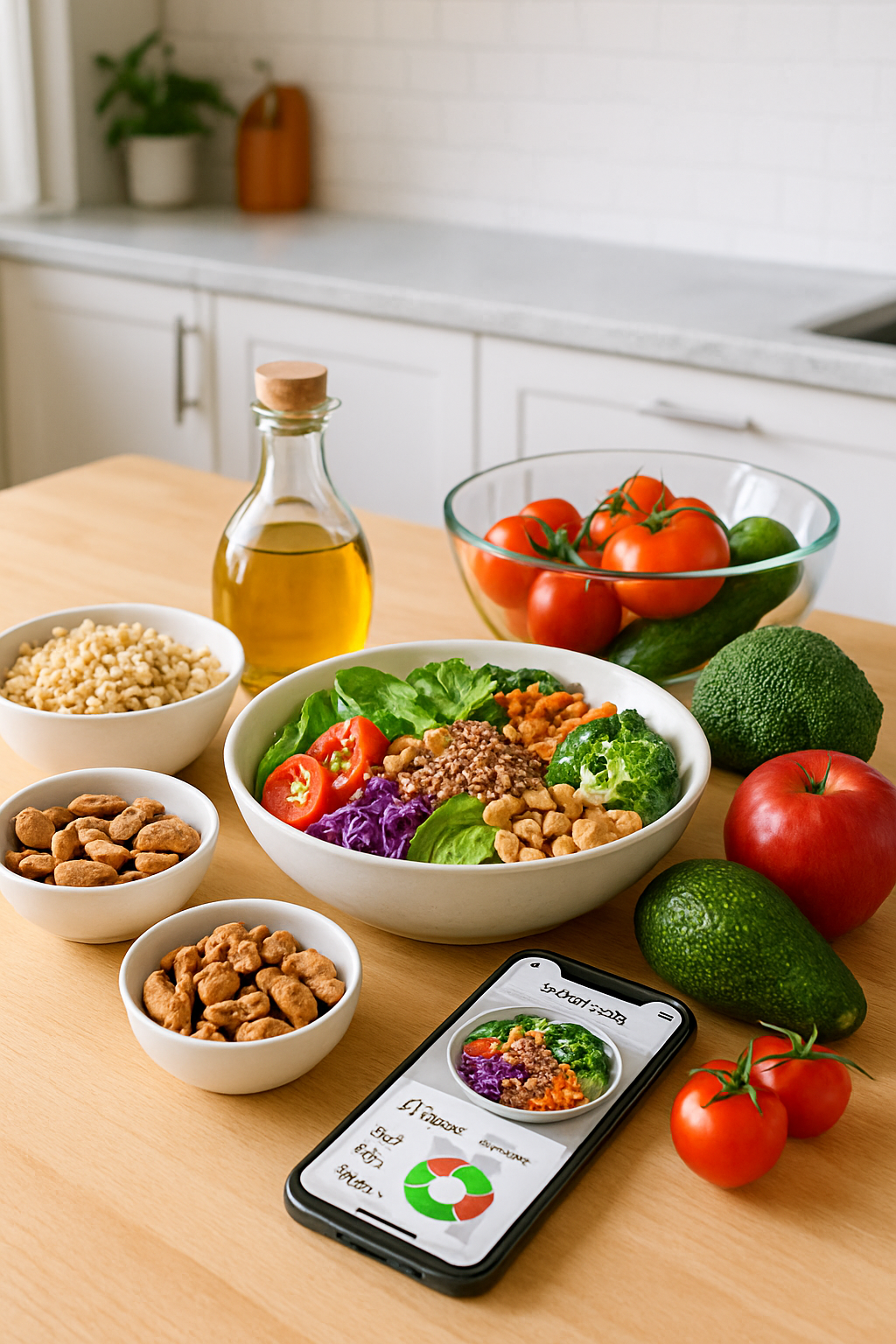 A smartphone displaying the SnapEat AI smart food tracker app interface, analyzing a photo of a healthy meal.
