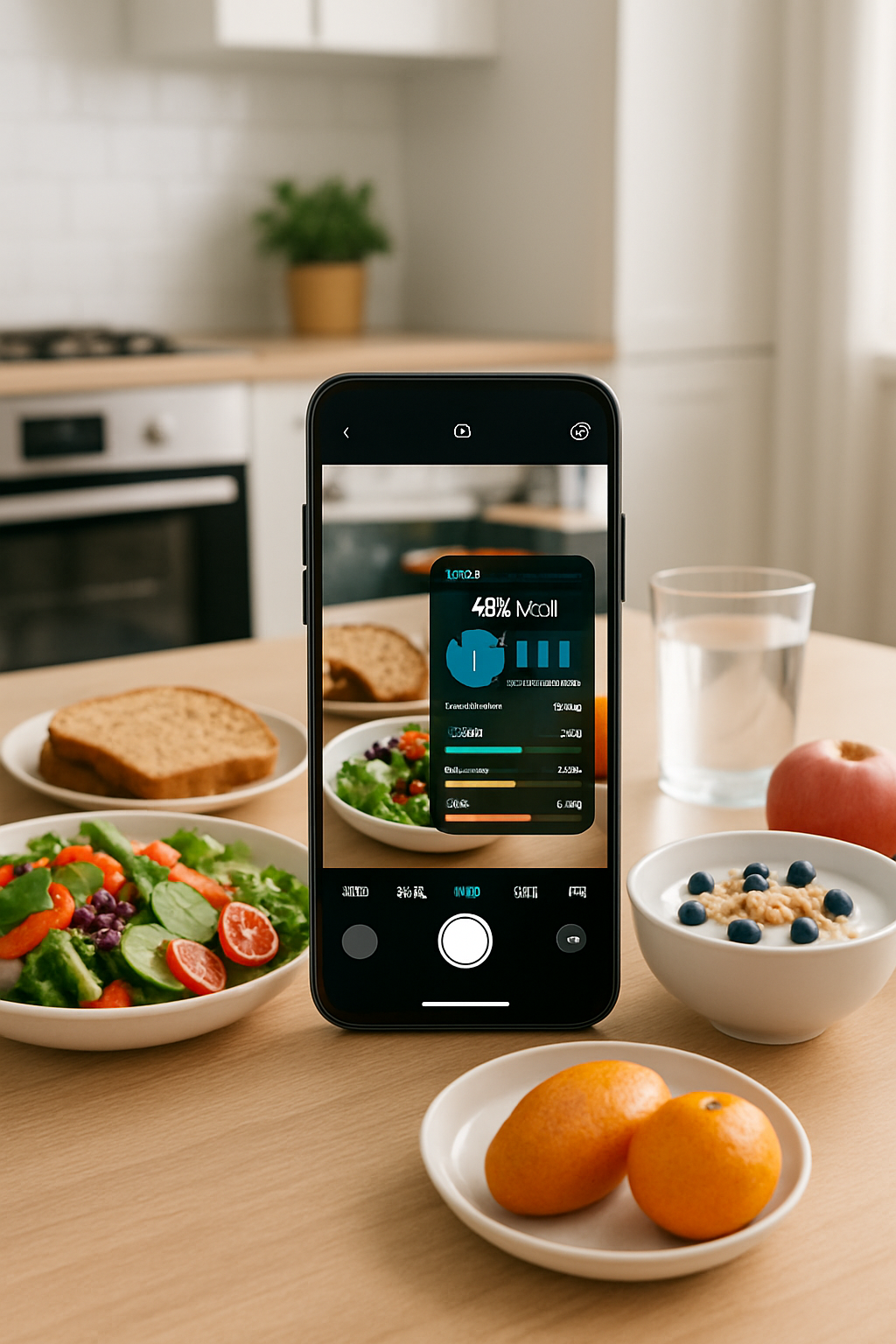 Smartphone showing the SnapEat AI app interface after analyzing a photo of a salad, with nutritional data like calories and macros displayed.