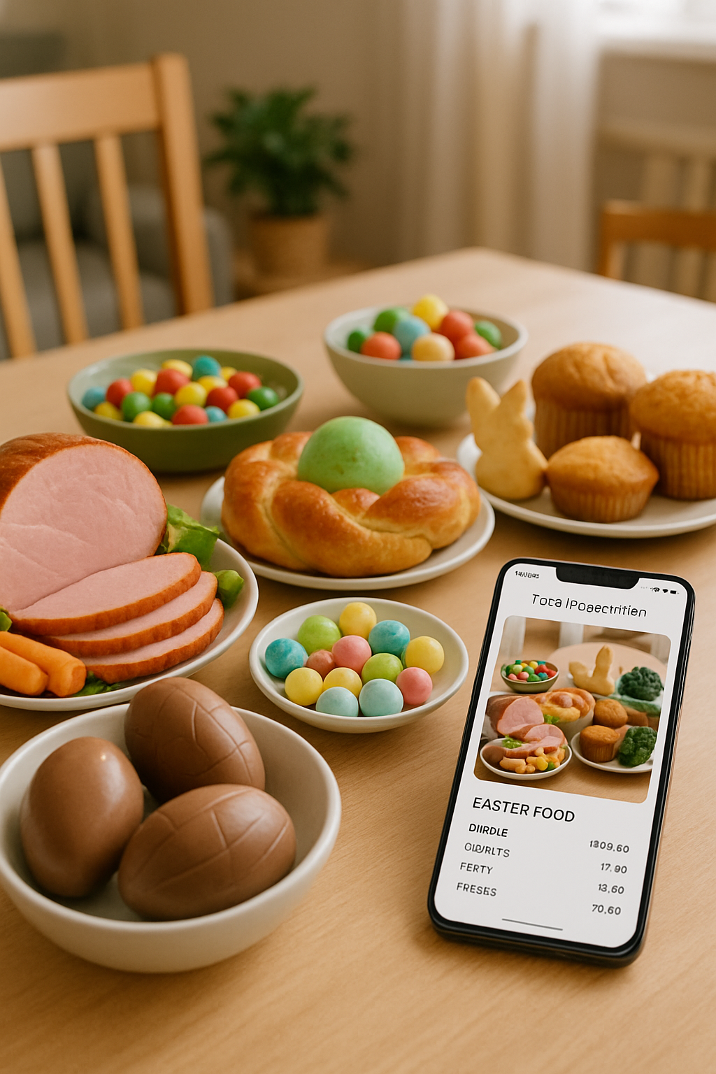 A plate of healthy Easter food being photographed by a phone using the SnapEat AI smart food tracker app.