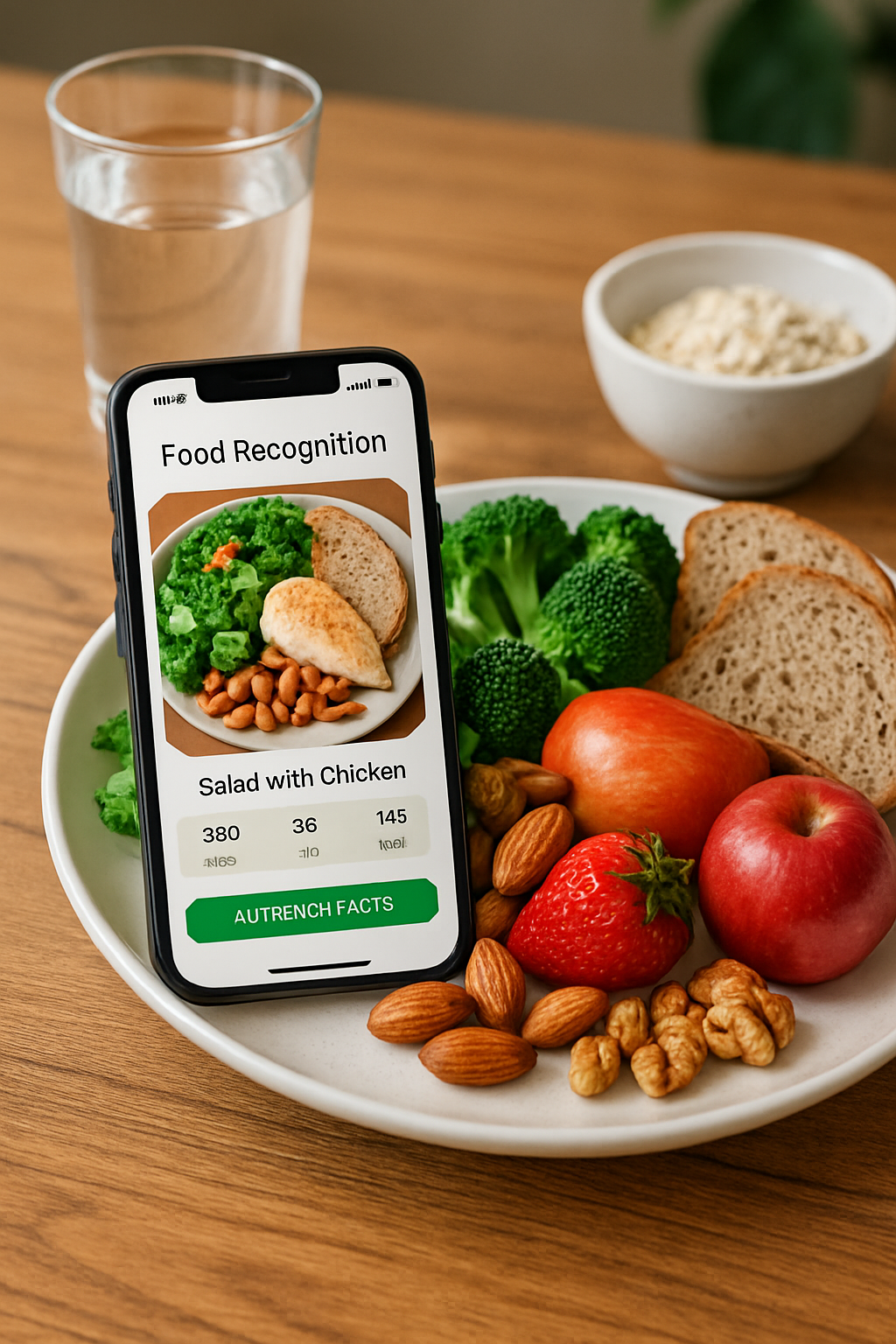 A smartphone displaying the SnapEat AI smart food tracker app, analyzing a photo of a healthy meal for a New Year 2026 resolution.