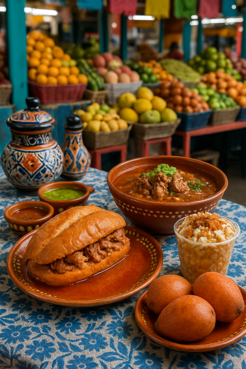 A person using the SnapEat AI food recognition app on their phone to analyze the nutrition of a torta ahogada in Guadalajara.