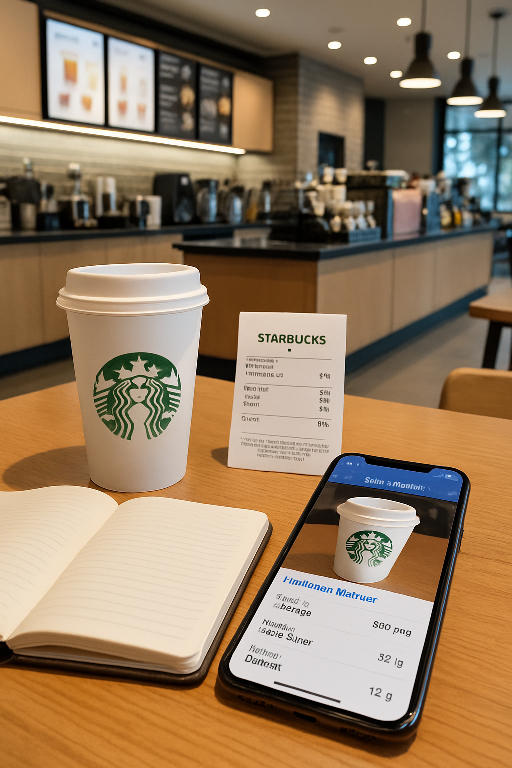 A smartphone running the SnapEat AI app, analyzing the calories and nutrition of a Starbucks iced coffee.