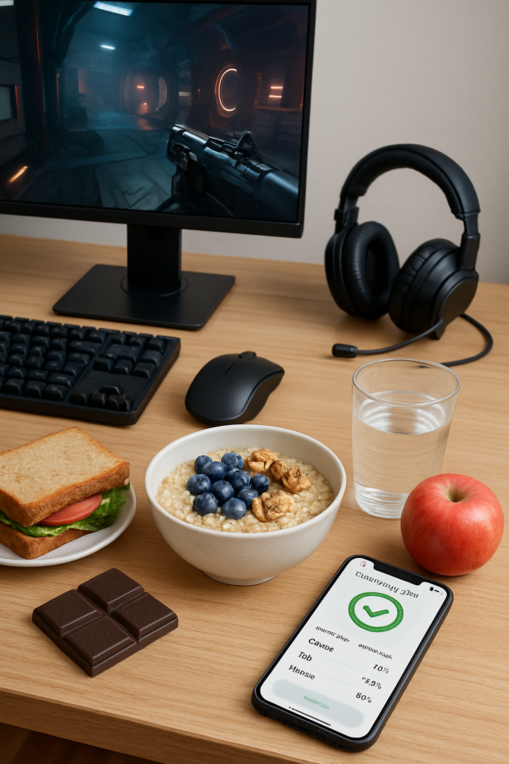 A healthy meal of salmon and vegetables on a gamer's desk, with the SnapEat AI app analyzing the food on a smartphone, illustrating gamer nutrition.