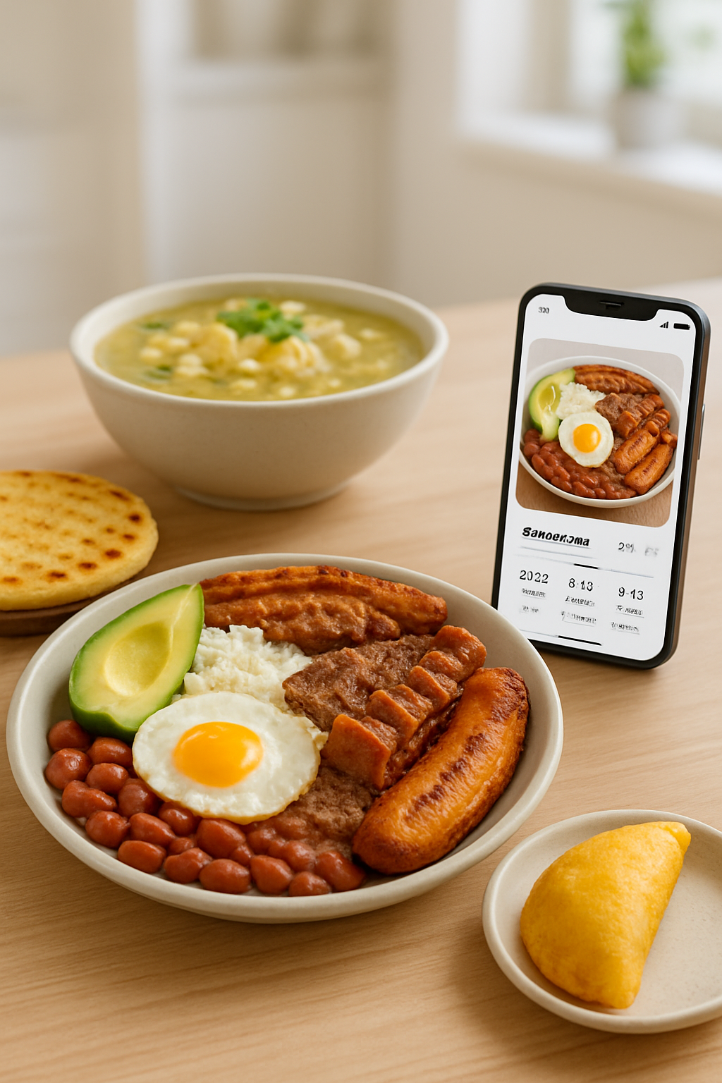 A smartphone displaying the SnapEat AI app analyzing the calories in a Colombian Bandeja Paisa.