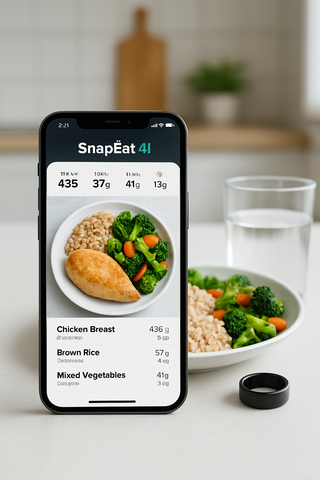 Smartphone showing the SnapEat AI app next to a healthy meal, symbolizing easy food tracking for the #RingRoyale challenge.
