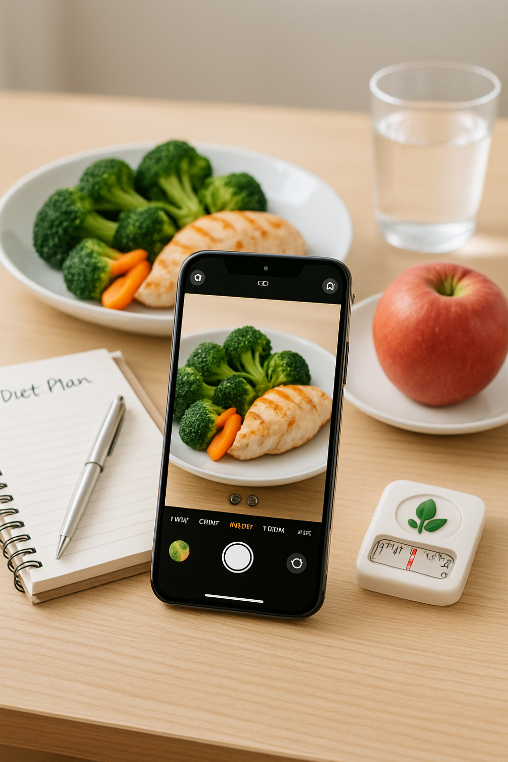 Smartphone showing the SnapEat AI meal tracker app automatically identifying food on a dinner plate.