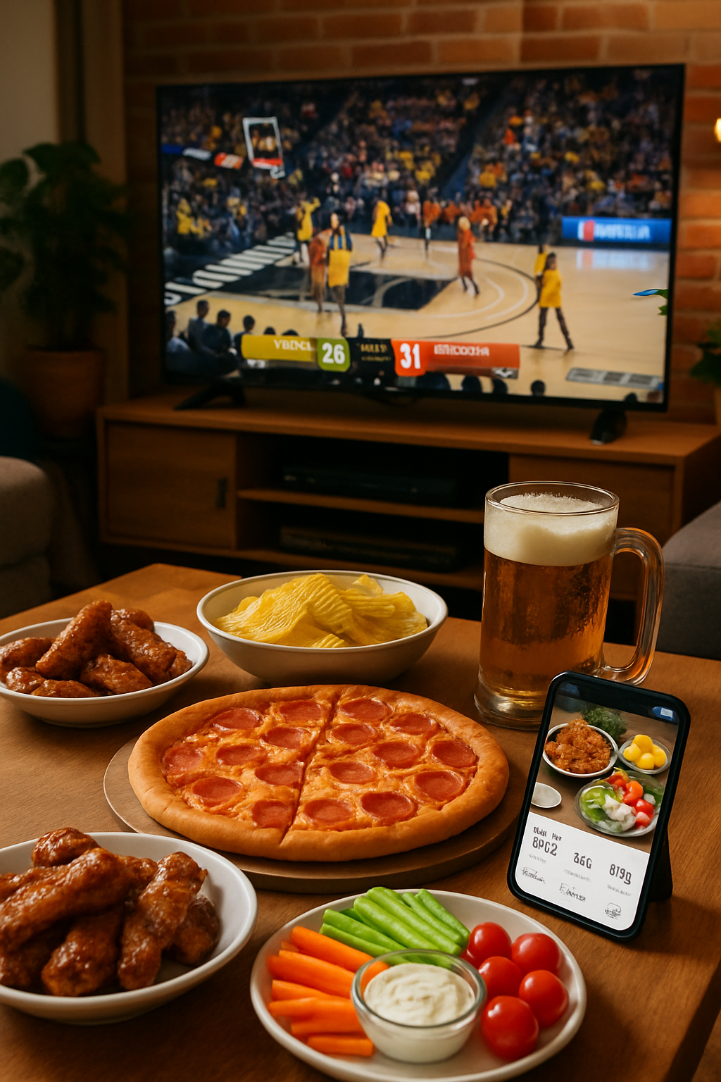 A plate of chicken wings and pizza representing the challenge of game day nutrition.