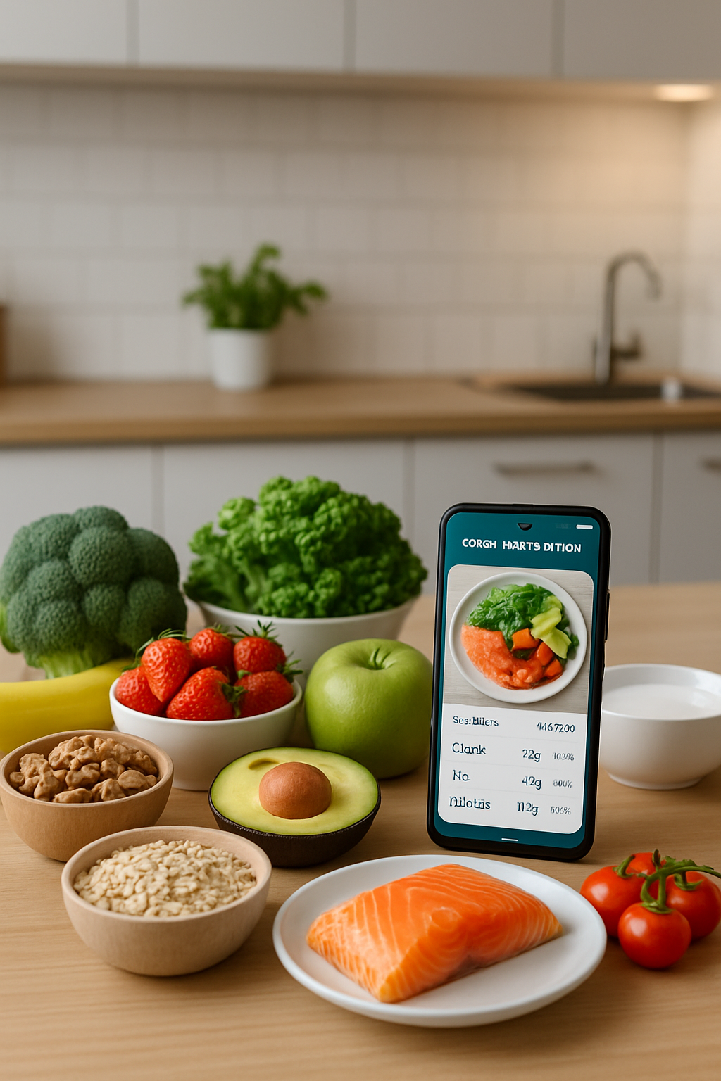 Smartphone screen showing the SnapEat AI app analyzing a photo of a healthy meal, used as a smart nutrition coach.