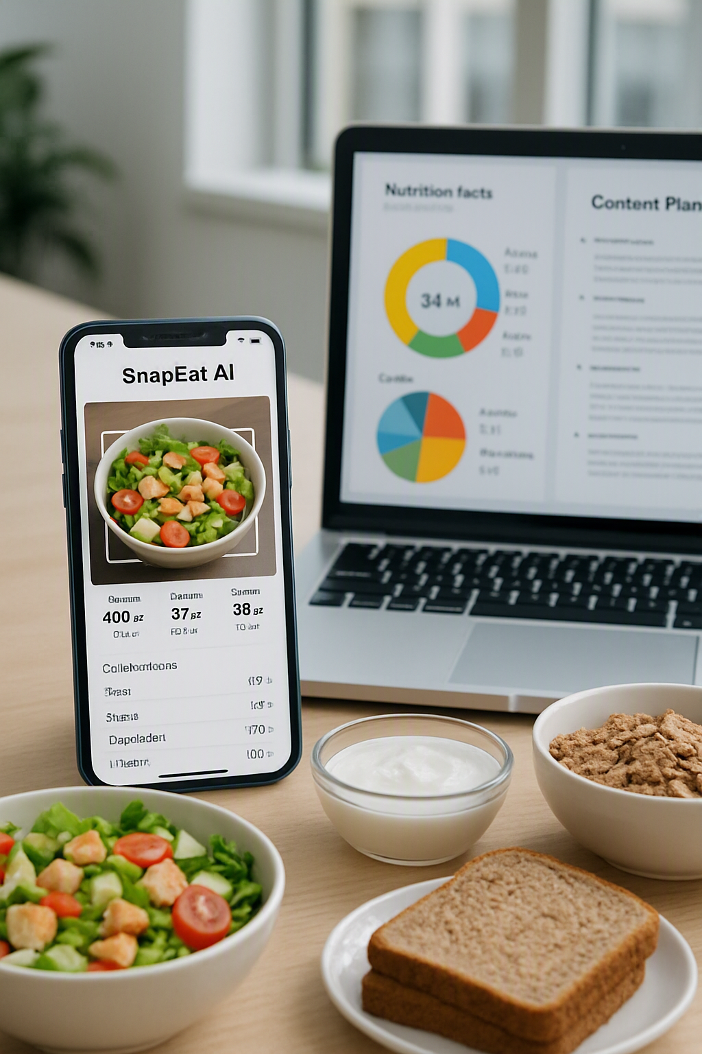 Health influencer using the SnapEat AI coach app on their phone to analyze a meal for data-driven social media content.