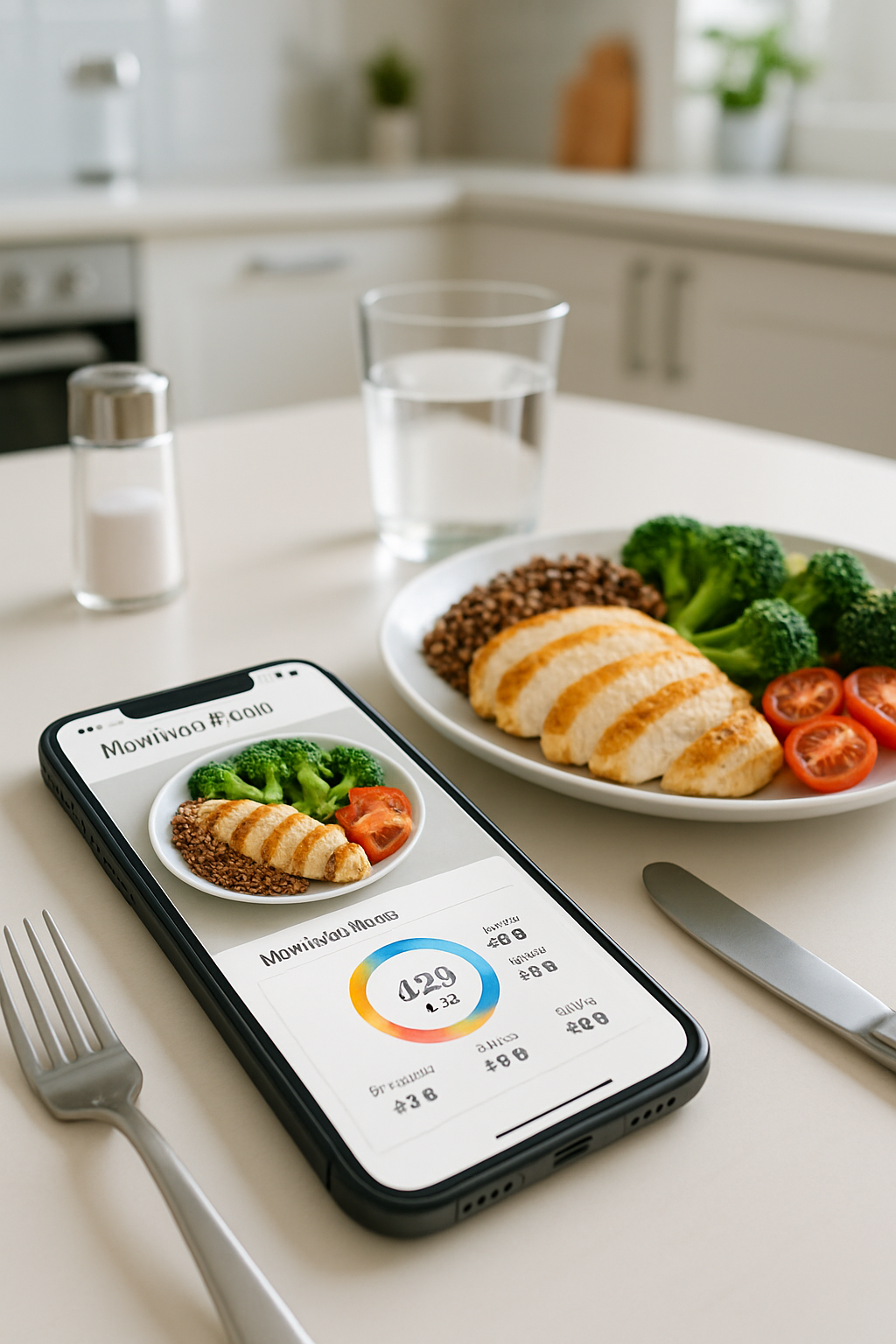 Smartphone displaying the SnapTrack AI app interface after analyzing a photo of a healthy meal with chicken and vegetables.
