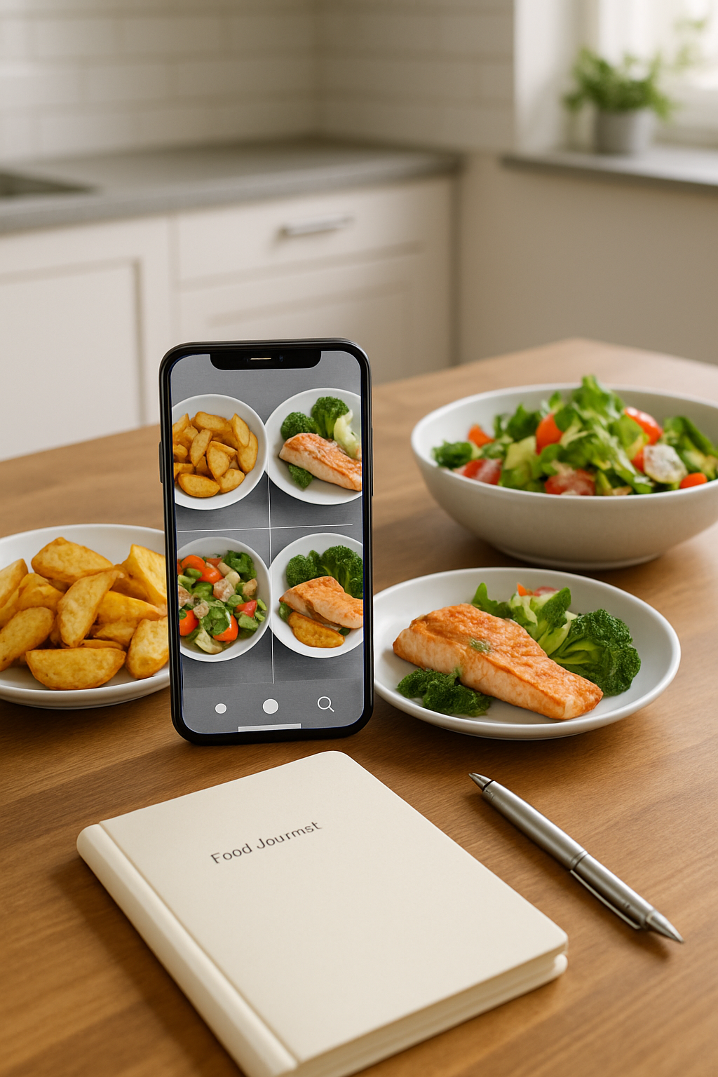 A smartphone screen showing the SnapEat AI app identifying food items from a photo of a meal to calculate calories.