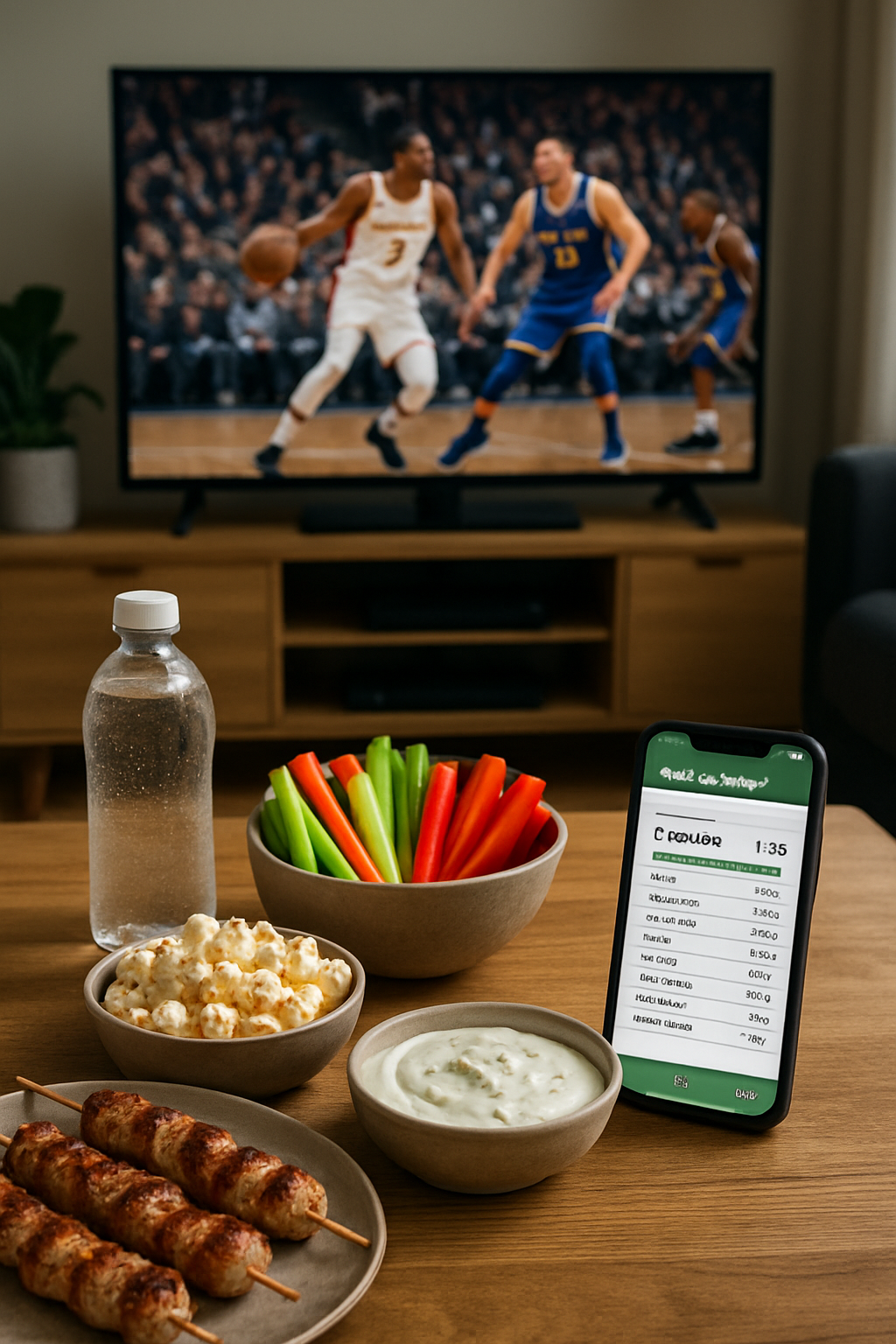 A smartphone showing the SnapEat AI nutrition coach app, analyzing a plate of healthy game day snacks with a basketball game on a TV in the background.