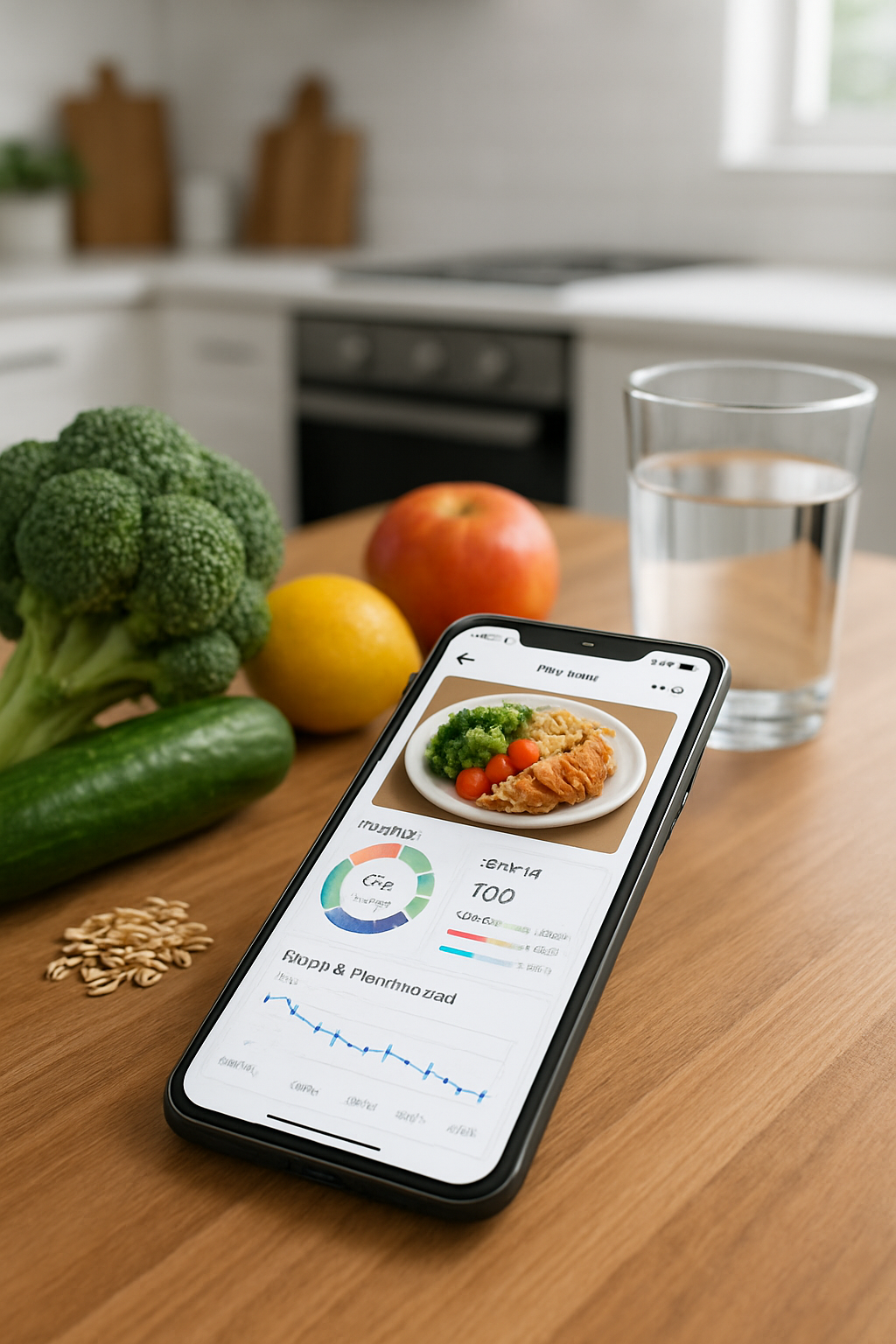 A smartphone displaying the SnapEat AI app interface, analyzing a photo of a healthy meal with salmon and asparagus.