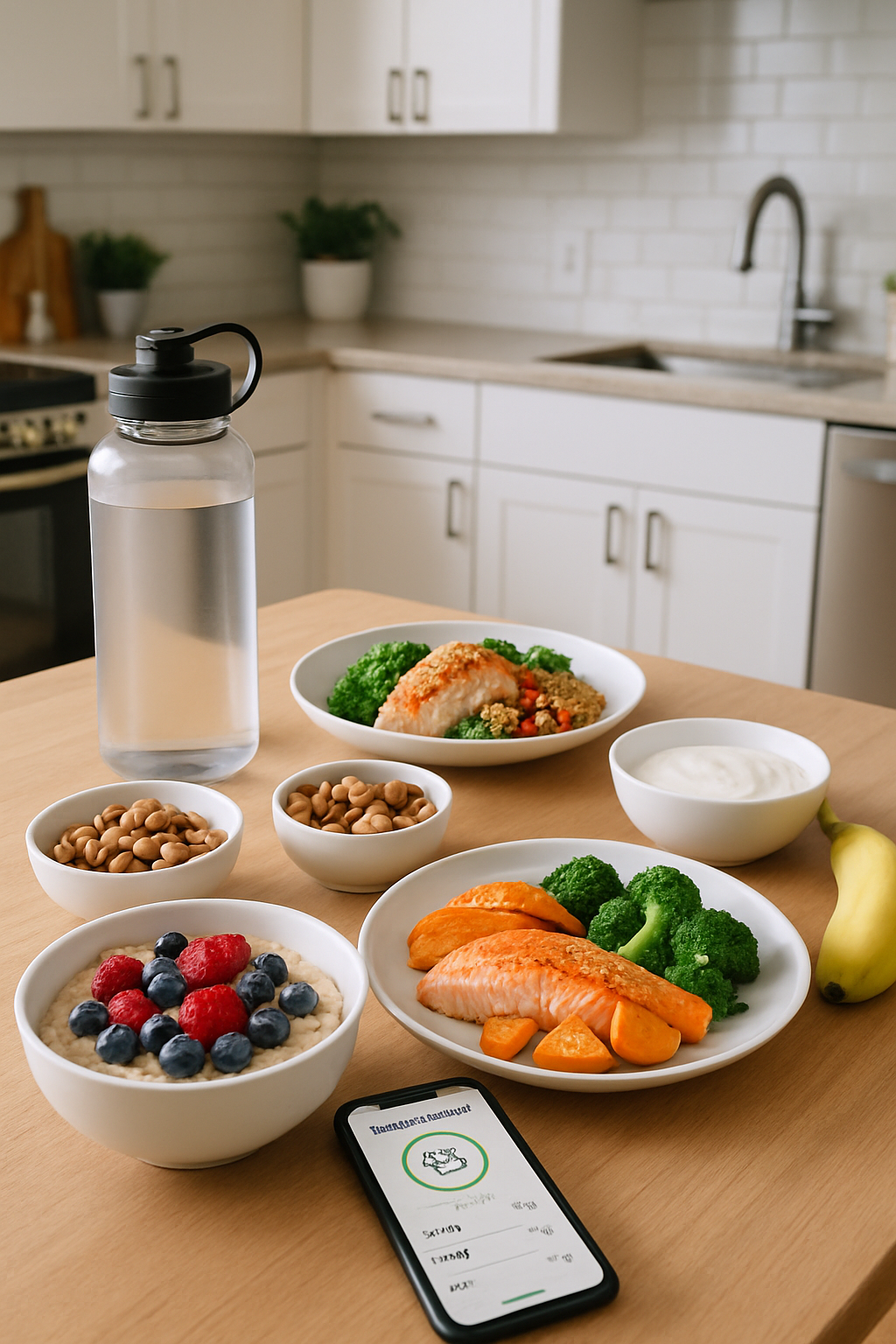 Gamer using the SnapEat AI nutrition tracker app on a phone to scan a healthy meal next to a gaming keyboard.
