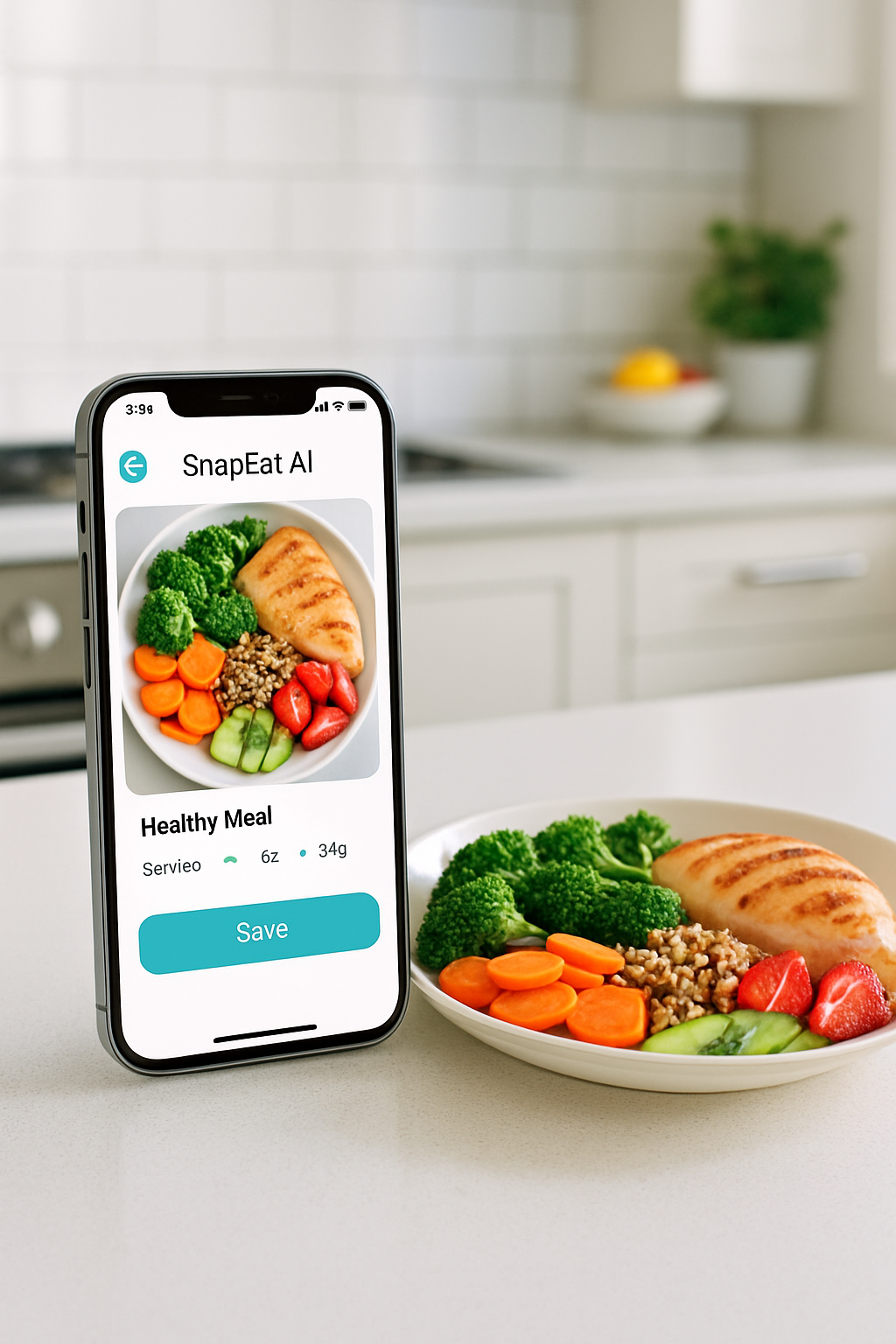 A user holding an iPhone with the SnapEat AI food tracker app, taking a photo of a healthy salmon and vegetable meal.