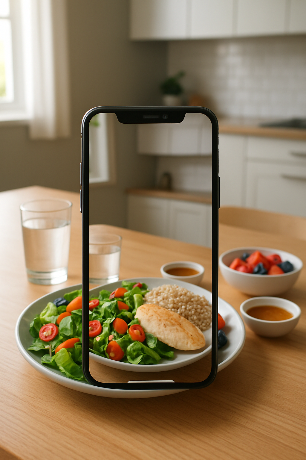 A smartphone displays the SnapEat AI smart calorie tracker app, analyzing a photo of a healthy meal to show calories and macros.