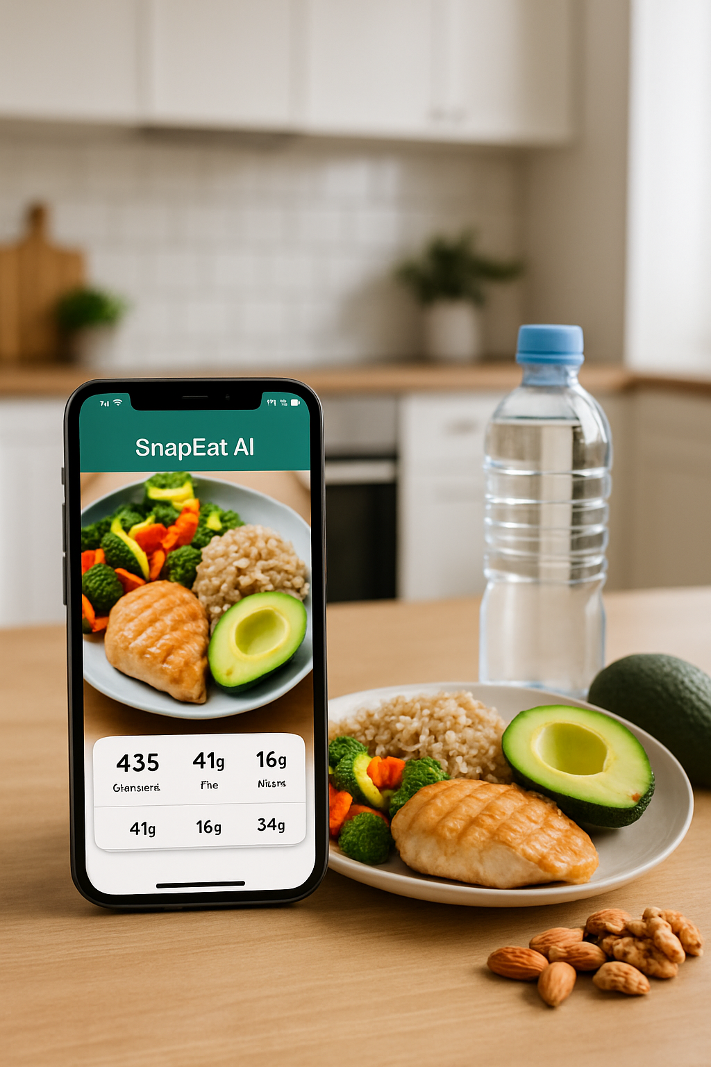 Smartphone showing the SnapEat AI nutrition tracker app analyzing a healthy salad, symbolizing control over diet during election stress.