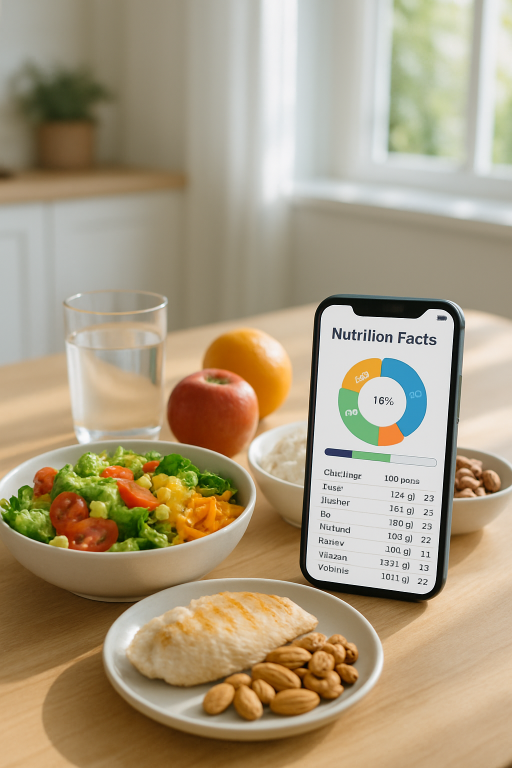 A smartphone showing the SnapEat AI nutrition tracker analyzing a healthy salad, demonstrating how to log food by photo.