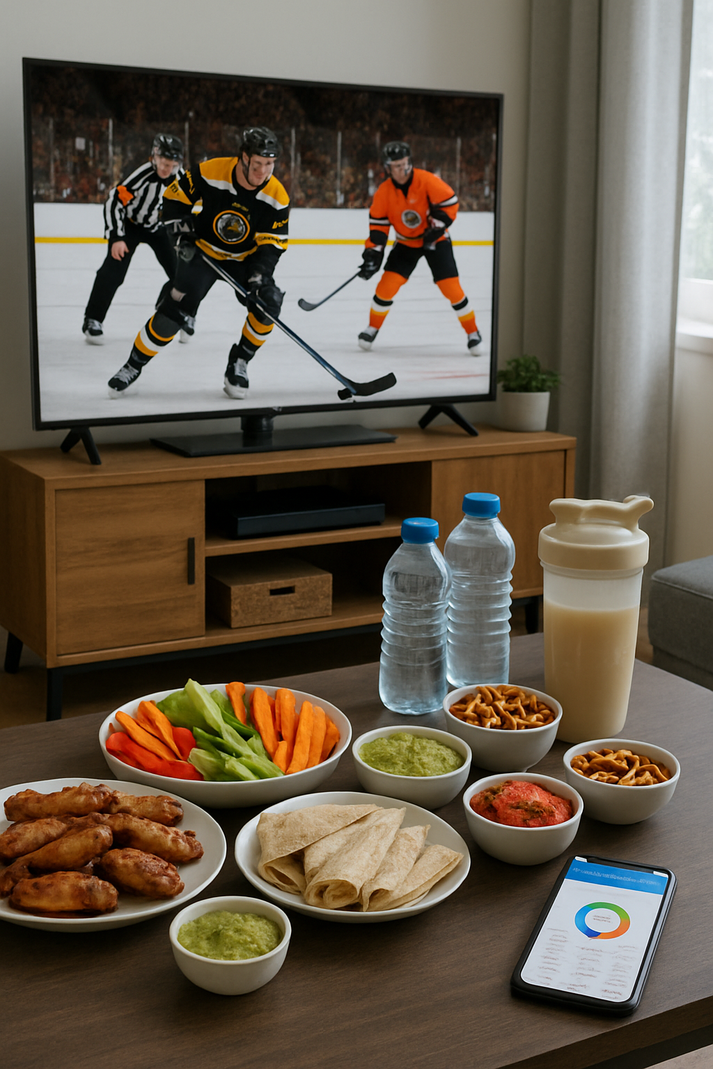 A healthy game day food spread with grilled chicken, vegetables, and dip, with a phone showing the SnapEat AI nutrition coach app.