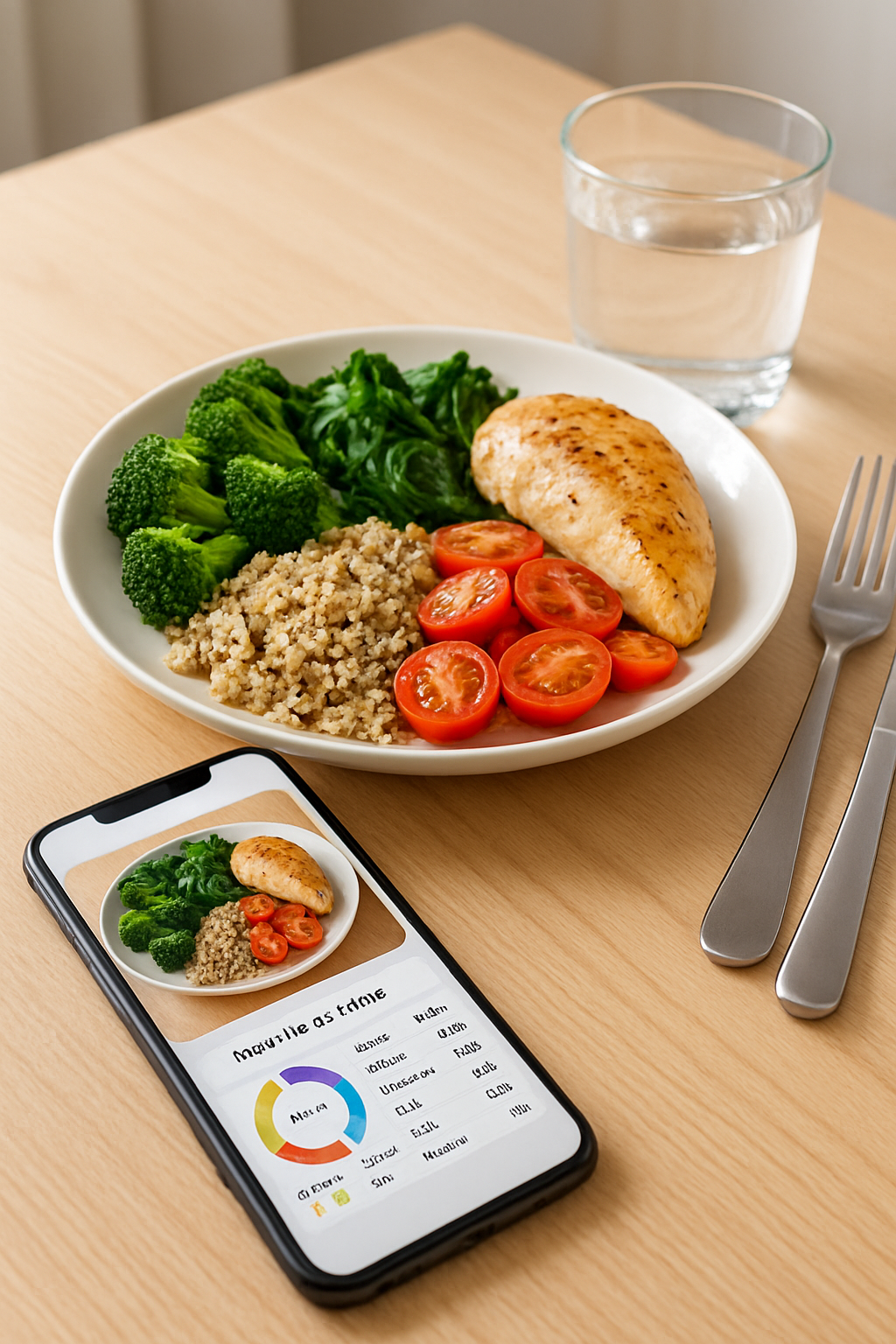 A smartphone displaying the SnapEat AI app interface, showing a photo of a meal with its calorie and macro breakdown.