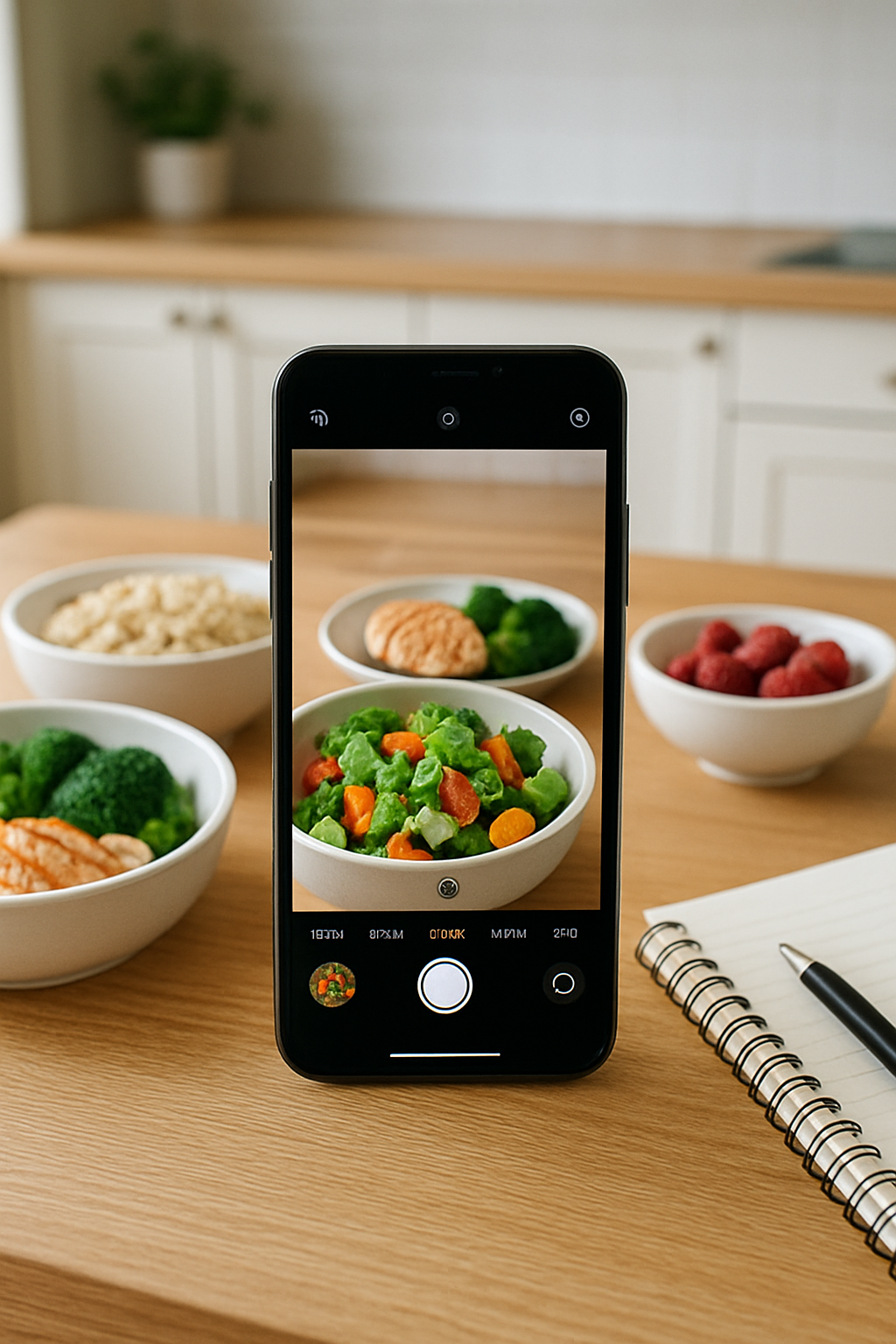 Smartphone screen showing the SnapEat AI food tracker app analyzing a healthy meal with text overlay 'Your Health Jackpot'.