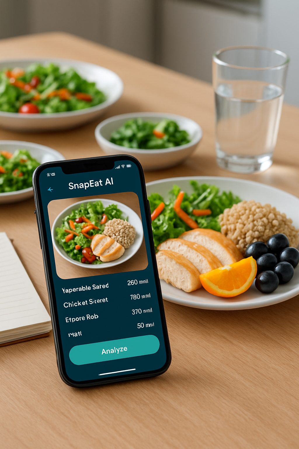 A phone displaying the SnapEat AI app, which acts as an AI food tracking coach by analyzing a photo of a healthy meal.