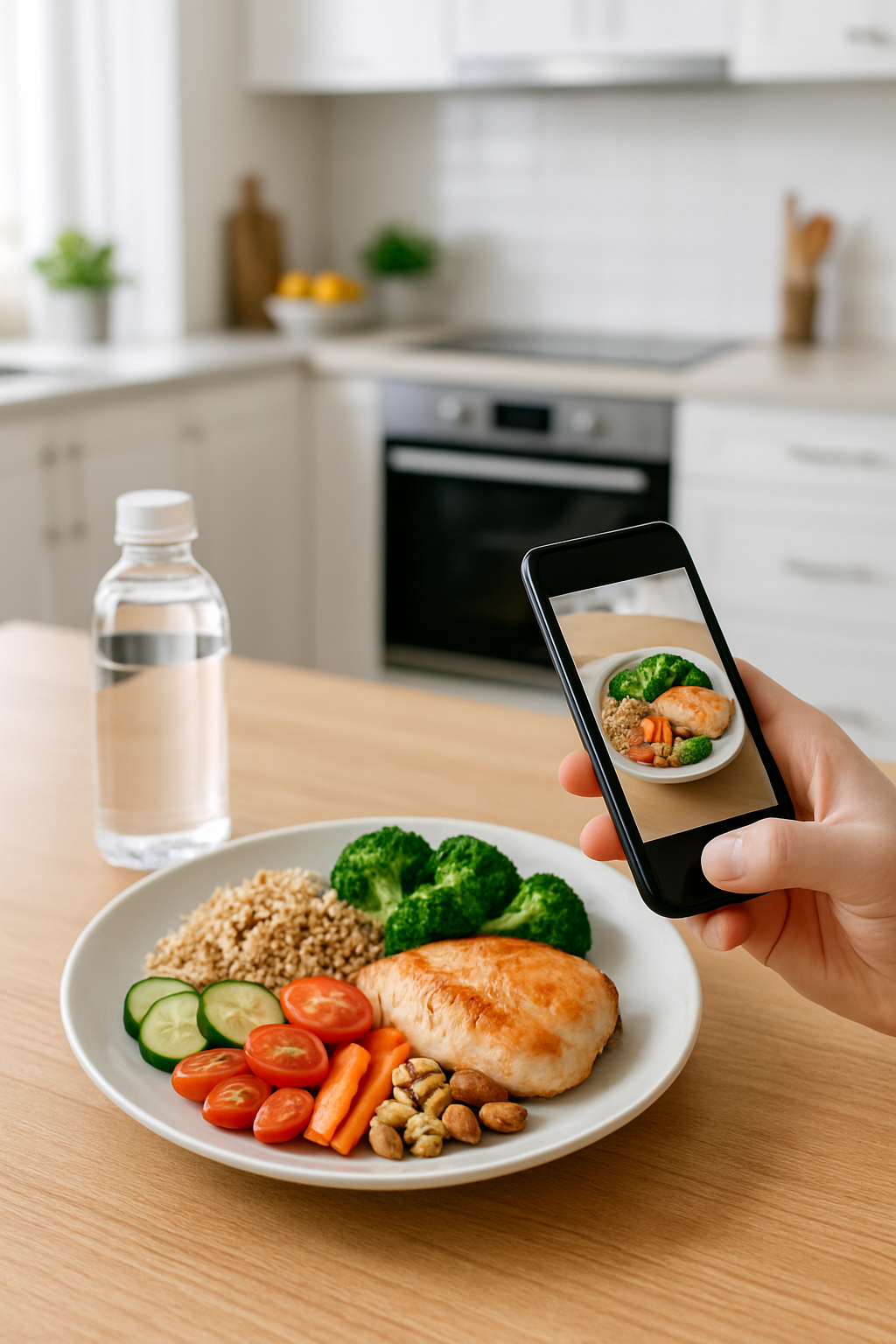 Smartphone screen showing the SnapEat AI meal tracker app analyzing a photo of a chicken salad to calculate calories and macros.