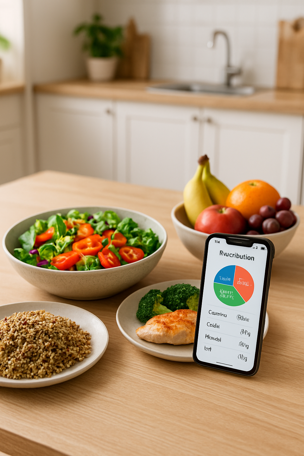 Smartphone displaying the SmartFoodTrack app interface analyzing a photo of a healthy meal.