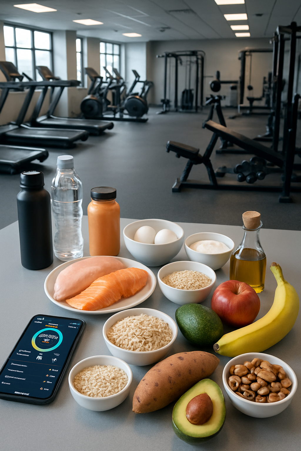 Athlete looking at SnapEat AI nutrition tracker app on their phone with a healthy meal in the background, symbolizing performance nutrition.