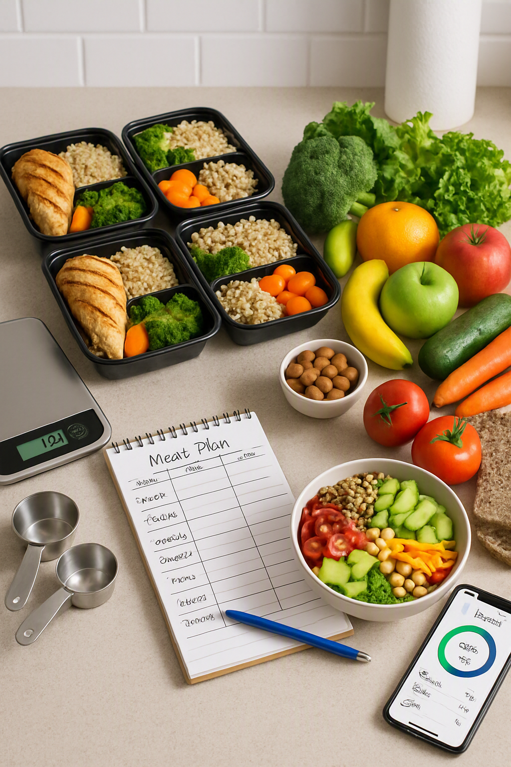 A split graphic comparing a structured meal plan against a person mindfully enjoying diverse foods, illustrating the debate of meal planning vs. intuitive eating.