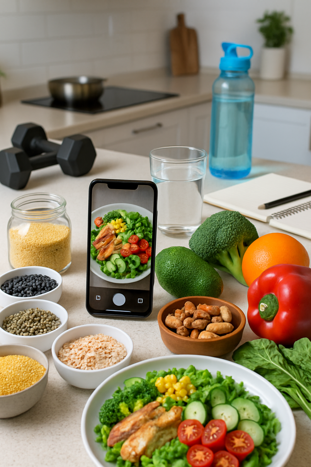 Smartphone displaying the SnapEat AI food tracker app analyzing a healthy salad meal from a photo.