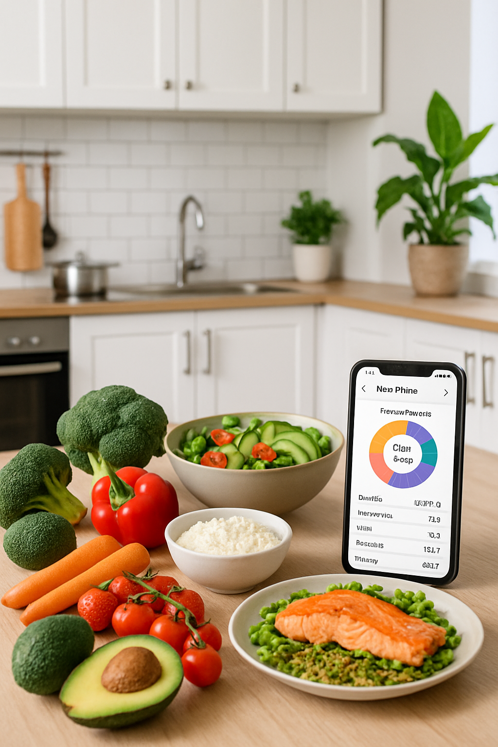 Smartphone showing the SnapEat AI app interface analyzing a healthy bowl of salad, demonstrating health empowerment through technology.