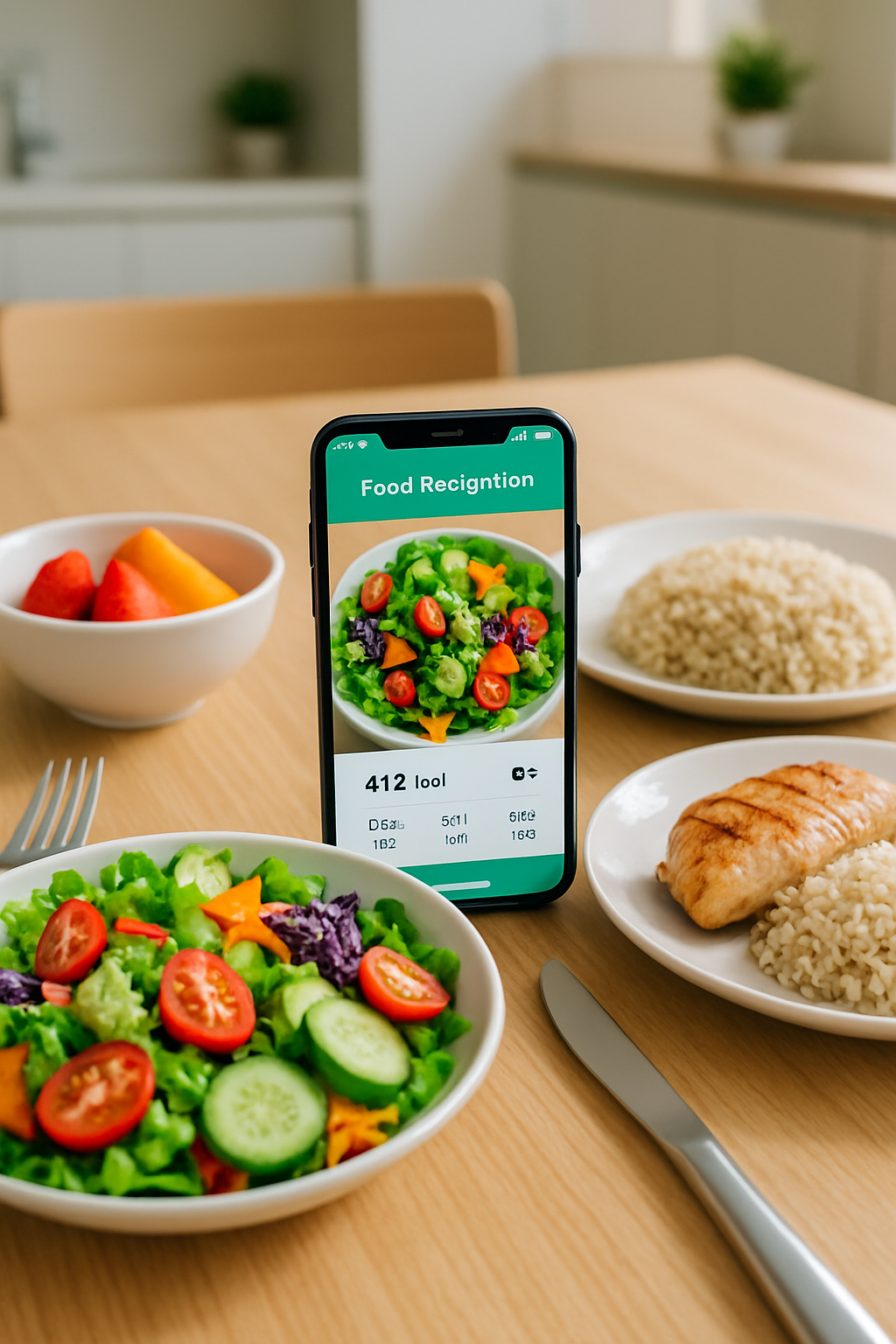 A smartphone displays the SnapEat AI food recognition app, accurately identifying and logging a healthy meal of salmon, broccoli, and rice.