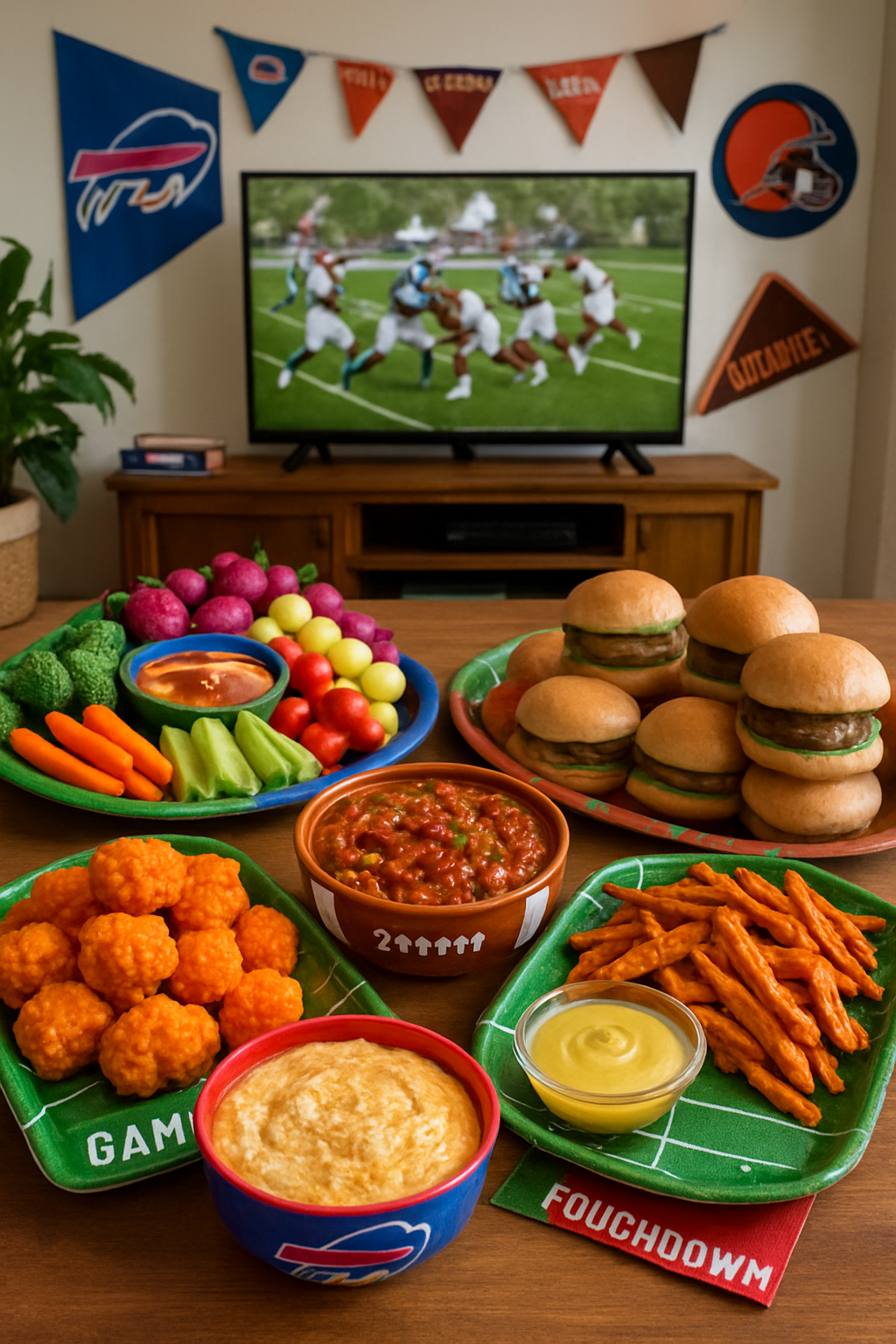A smartphone using the SnapEat AI app to scan a plate of healthy game day snacks with a football game in the background.