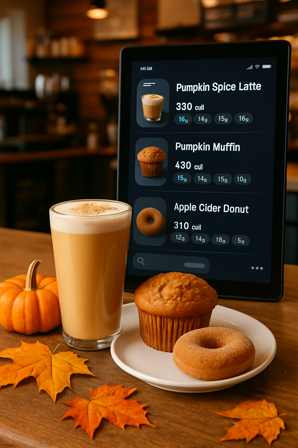 A pumpkin spice latte on a fall-themed table next to a phone displaying the SnapEat AI app