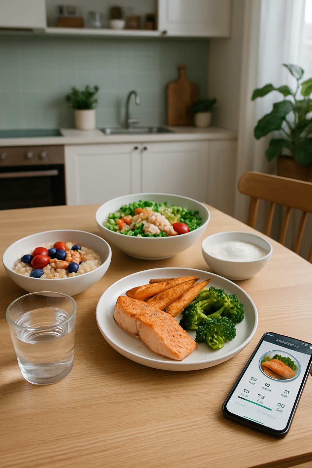 A smartphone displaying the SnapEat AI nutrition coach interface analyzing a healthy meal.
