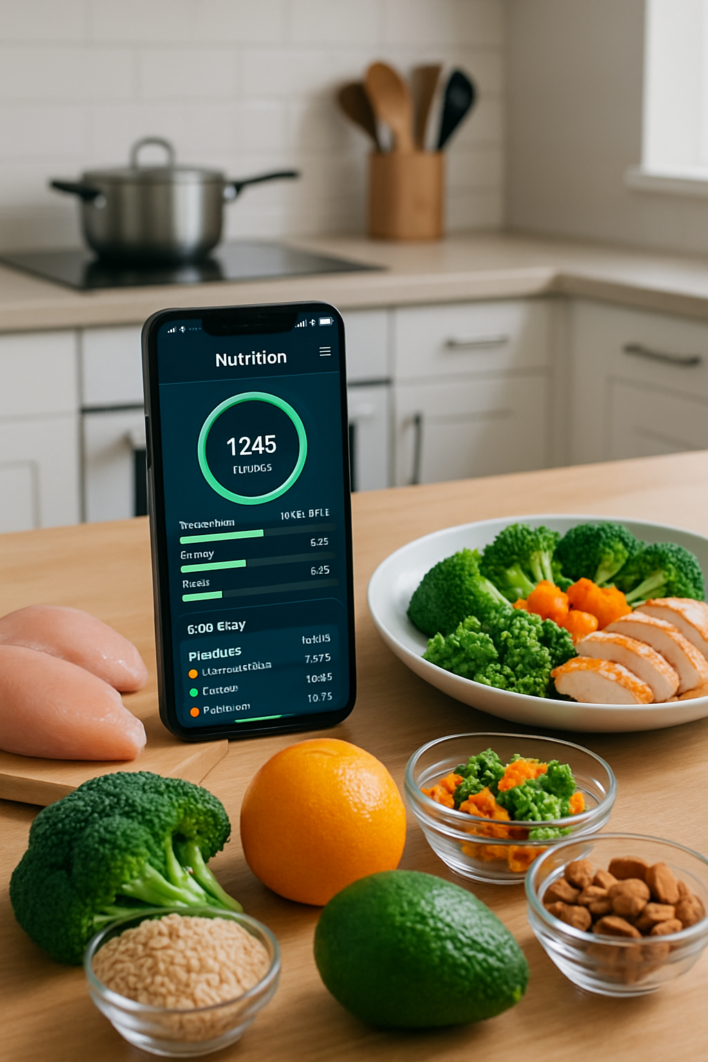 Smartphone displaying the SnapEat AI nutrition tracker app interface, with a healthy meal of salmon and vegetables in the background.