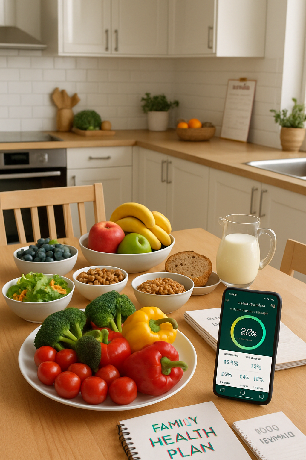A happy family using the SnapEat AI nutrition app to analyze a healthy meal on their dining table.