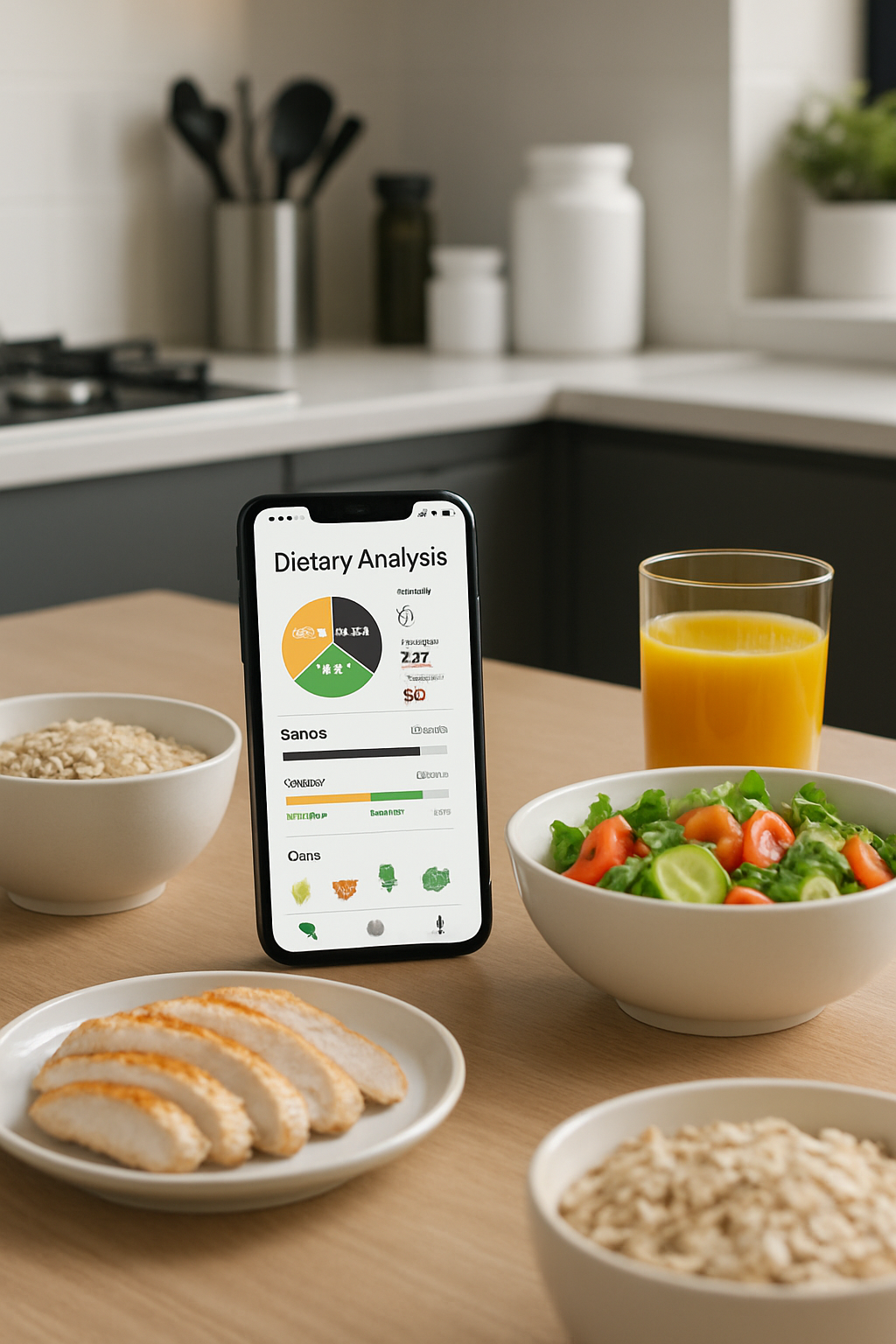A smartphone screen displaying the SnapEat AI app interface, which shows a nutritional breakdown after analyzing a photo of a healthy meal.
